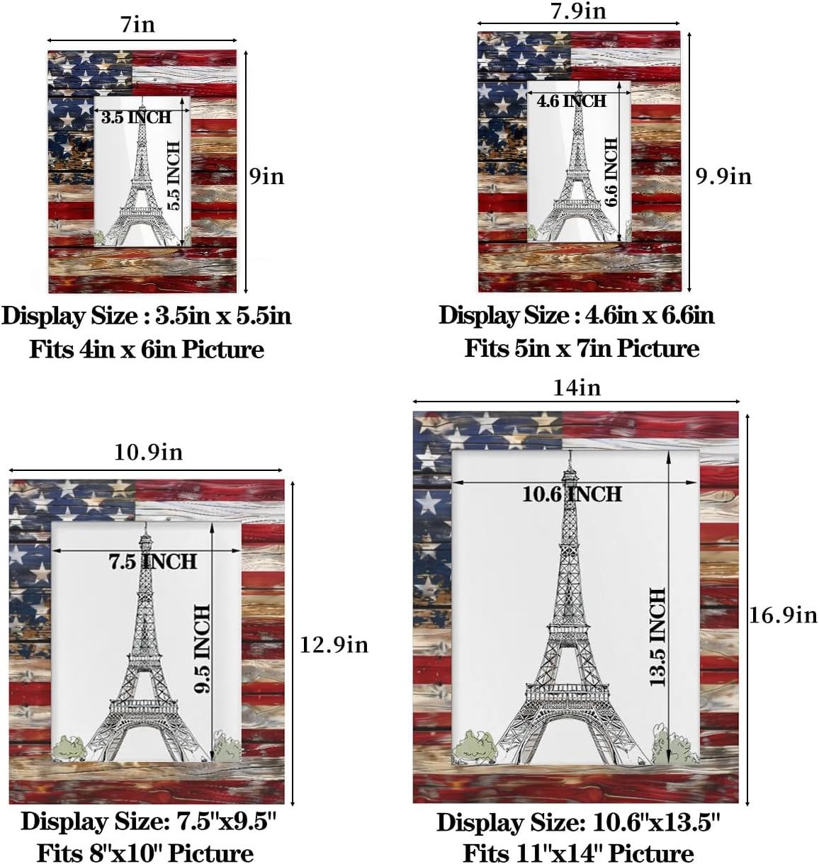 Old Wooden American Flag 5x7 Picture Frame, Display Photos 4.6x6.6 without Mat, Elegant Picture Frames Collage Wall Home Gallery Decor