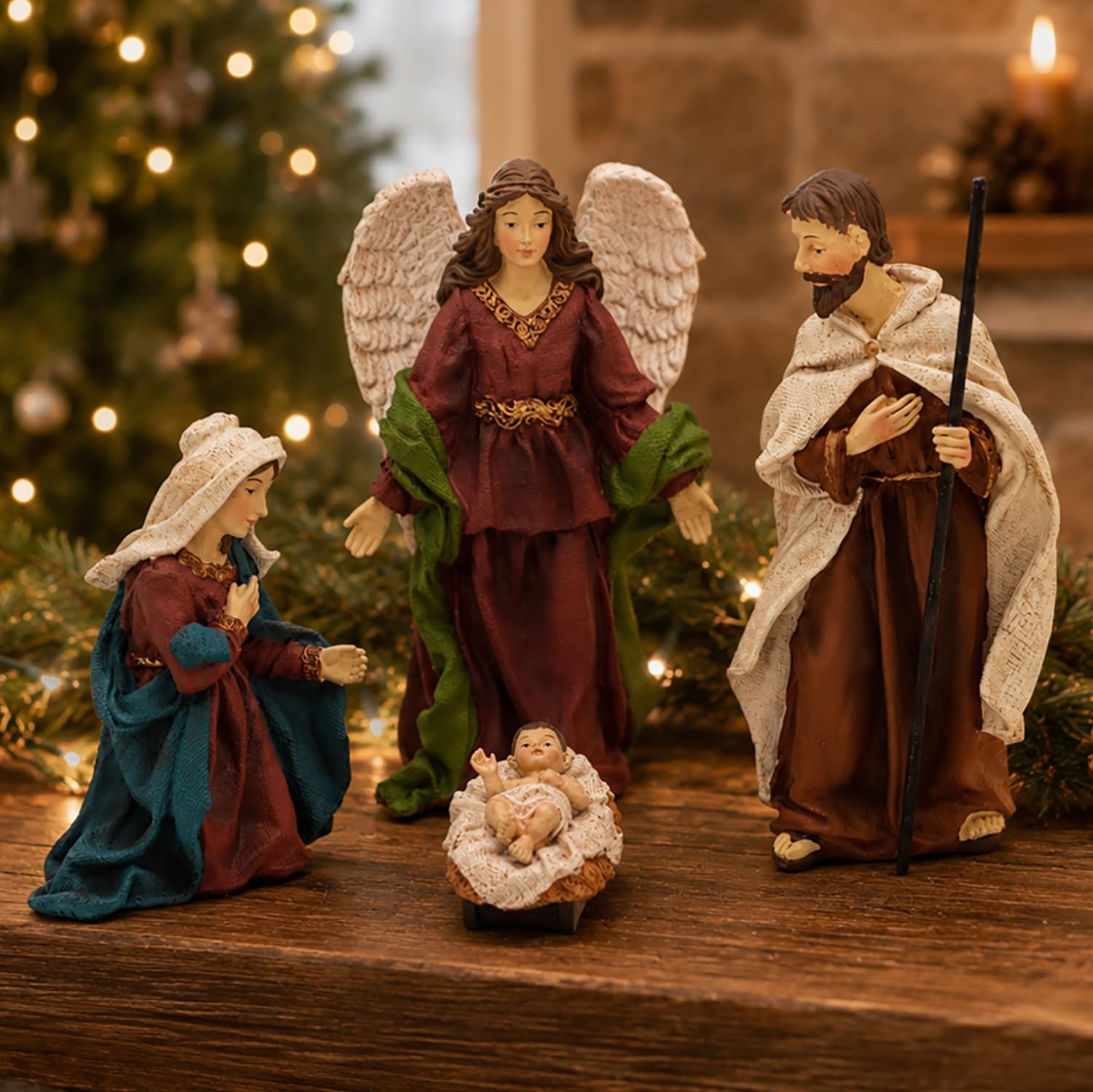 Crèche de Noël 11 pièces de 22,9 cm de haut, grande crèche de Noël Sainte | Figurines religieuses en résine peintes à la main avec bébé Jésus, Marie, Joseph, ange et mages pour décoration de table