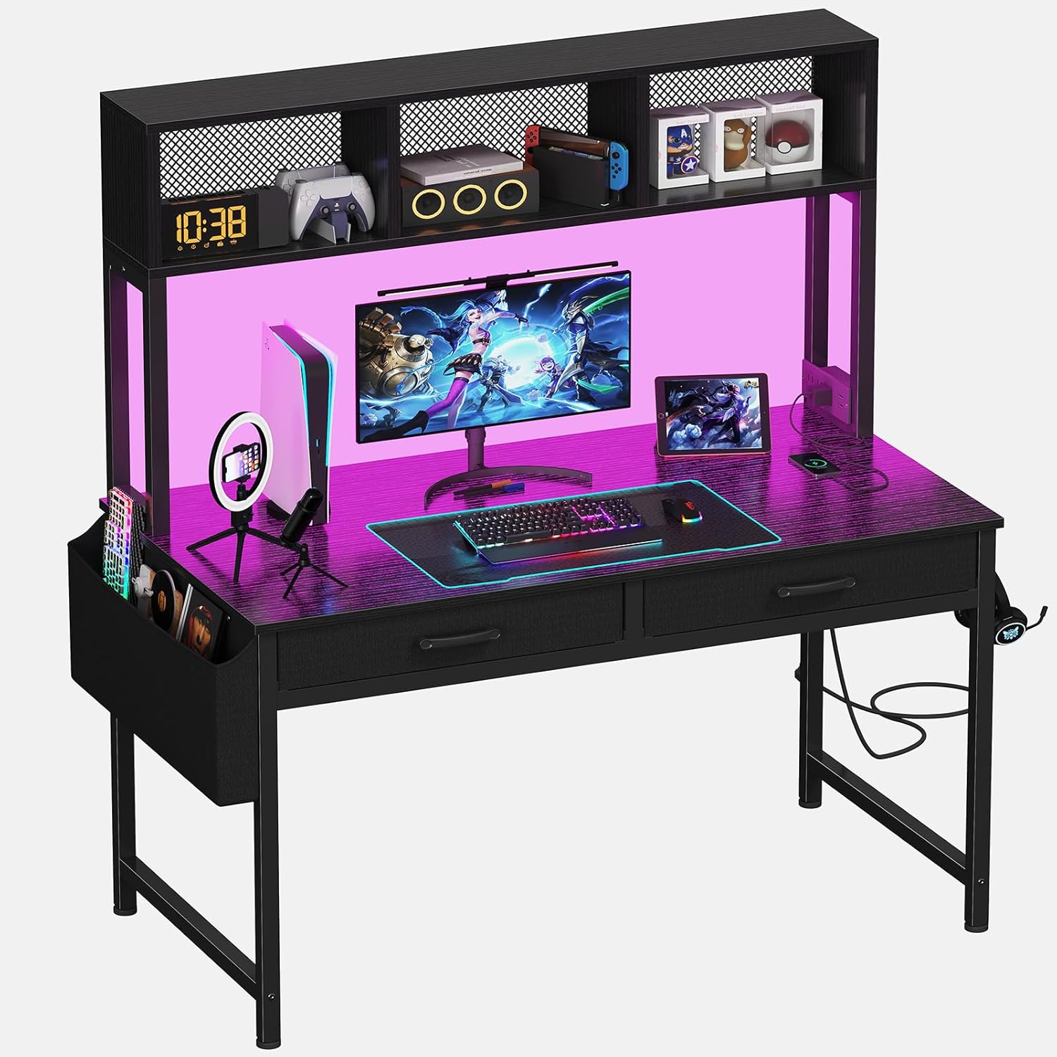 Black Gaming Desk with Hutch and Shelves - Gaming Computer Desk with 2 Storage Drawers, LED Light and Power Outlets, 47 Inch Working Modern Writing Study Desks for Bedroom Home Office Black 47.2"