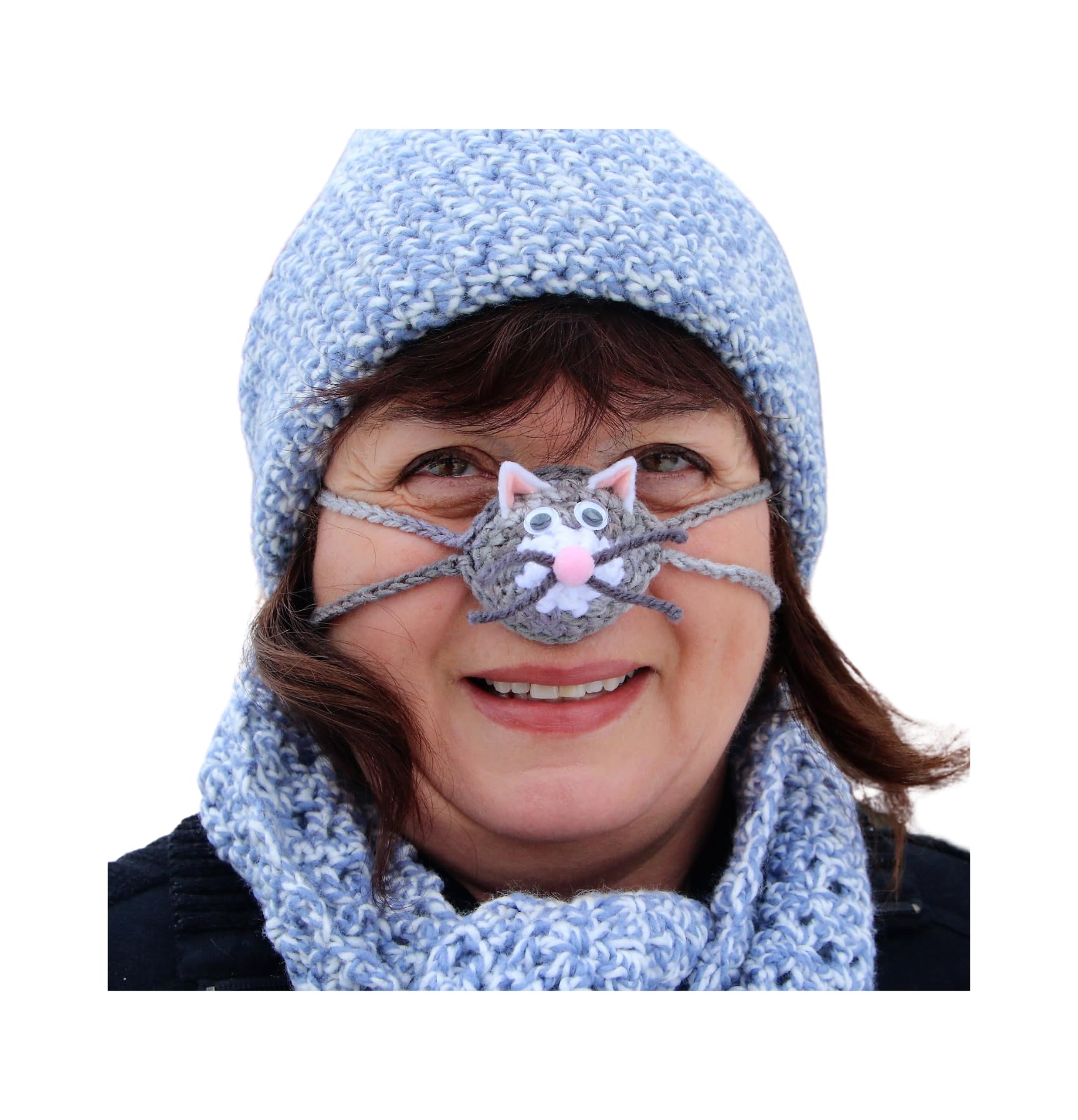 Cuddly Kitty Crochet Cozy Nose Warmer - Choose from Calico, Black and White, Grey and White, Brown and White, Pink and White, Orange and White, or Beige and White