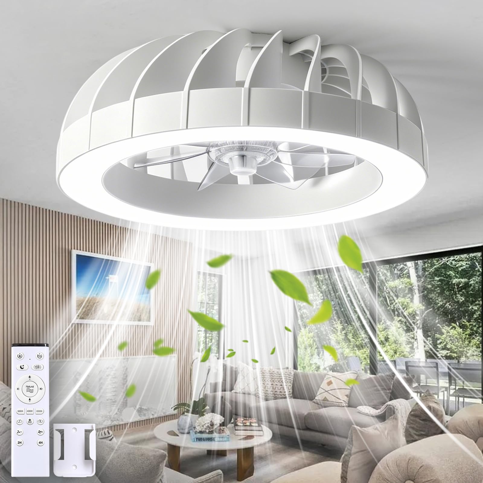 Ventilatore da Soffitto RGB Dimmerabile a LED | Bambino Cameretta Lampadario Ventilatore Reversibile con Telecomando, 6 Velocità Lampadario Per Camera Da Letto-White