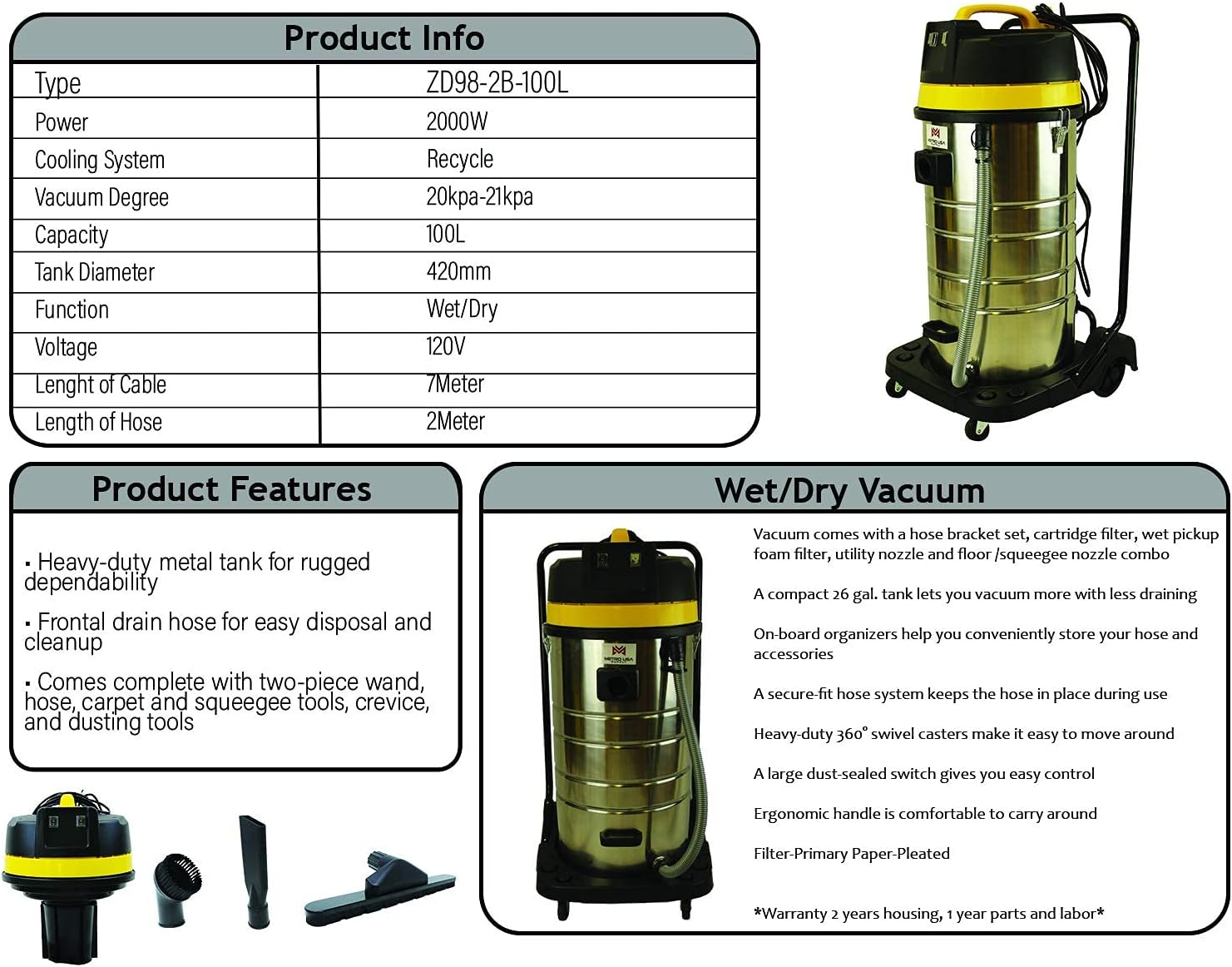 Zion Commercial 26 Gallon Wet Dry Vacuum w Stainless Steel, Large : Industrial & Scientific