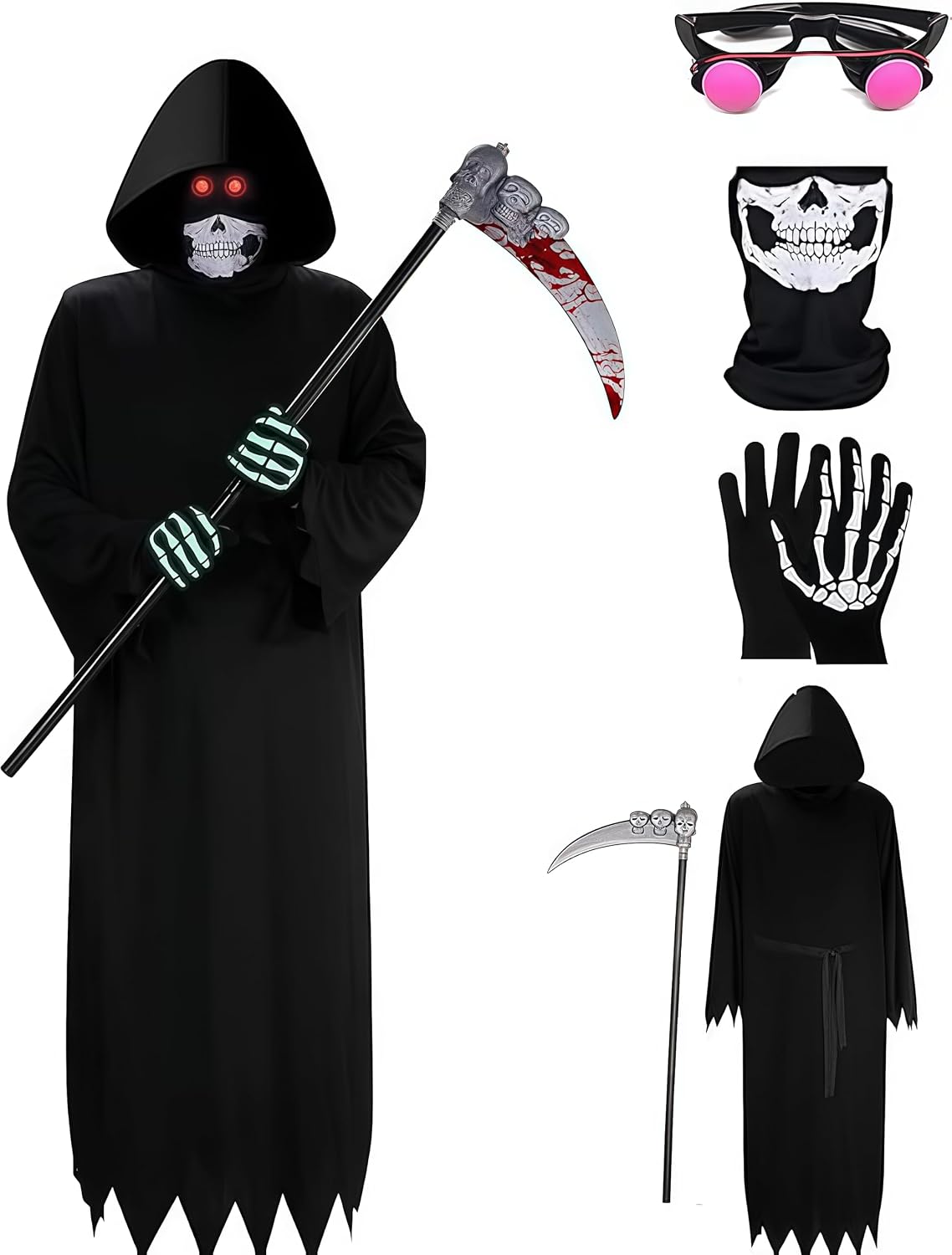 Halloween Grim Reaper Costumes for Boys Adult Grim Reaper Costume Kids 5Pcs Set Scary Ghost Cosplay Outfit Favors Gift