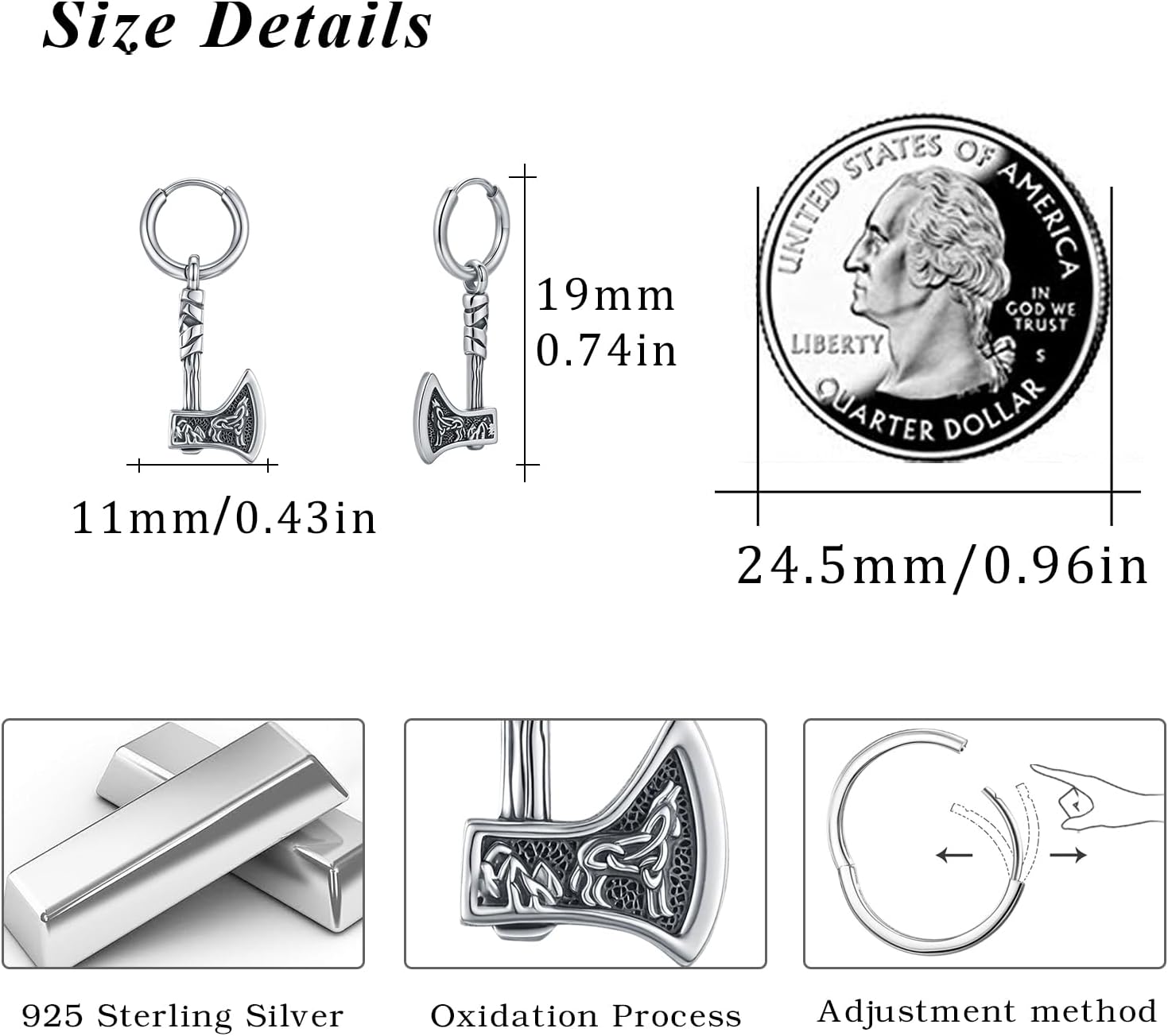 MEDWISE Viking Wolf Axe Talisman Drop Dangle Earrings, 925 Sterling Silver Norse Hypoallergenic Jewelry, Medieval Gothic Style for Women Men Friend Husband Birthday Gift - Image 3