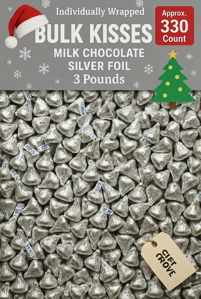Harshey Christmas Kisses Chocolate Candy Mix Holiday, Christmas Candy, Bulk Individually Wrapped, Holiday Chocolate Treats For Parties, Stocking stuffers (Silver Foil - 330 Count)