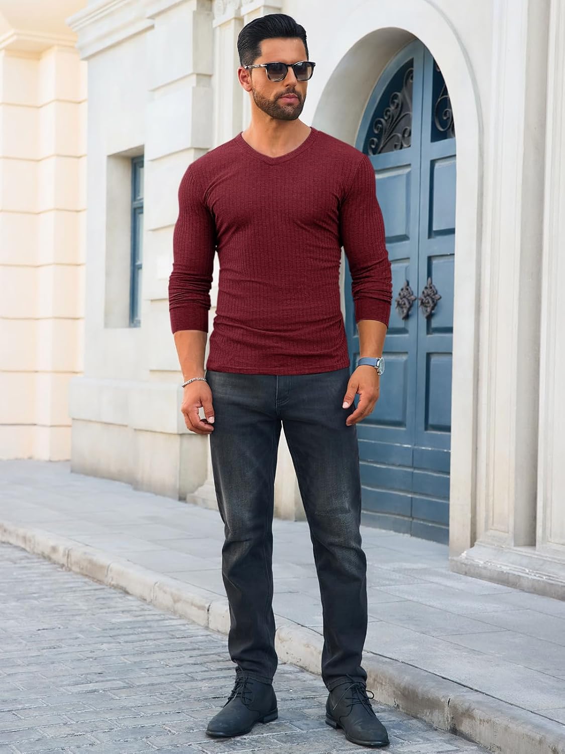 Yousify Mens V Neck Shirts Long Sleeve Casual Ribbed Slim Fit Shirt Muscle Athletic Gym Lightweight Tops - Image 4