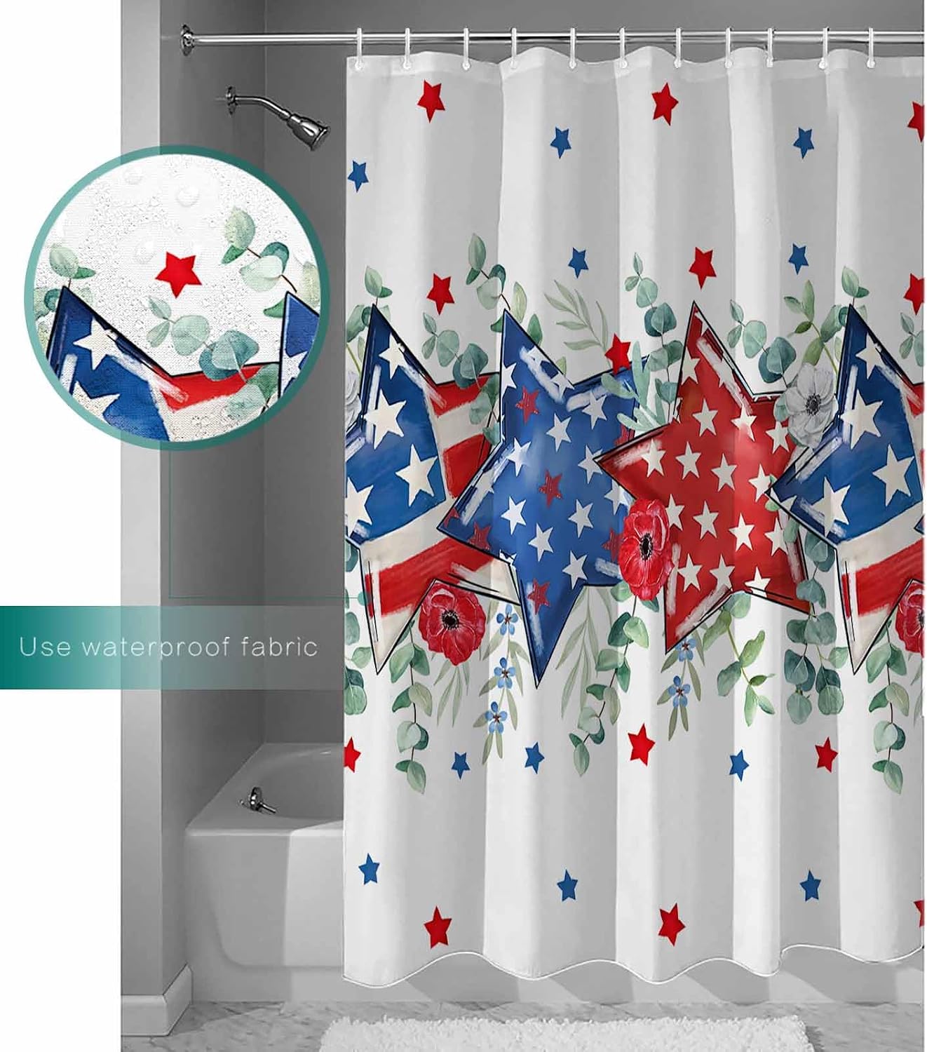 4th of July Shower Curtain, Patriotic Memorial Day Shower Curtains Set with Hooks, American Flag Stars Summer Poppy Eucalyptus Waterproof Fabric Bathroom Curtains Decor Accessories,72 X 72 Inch Long