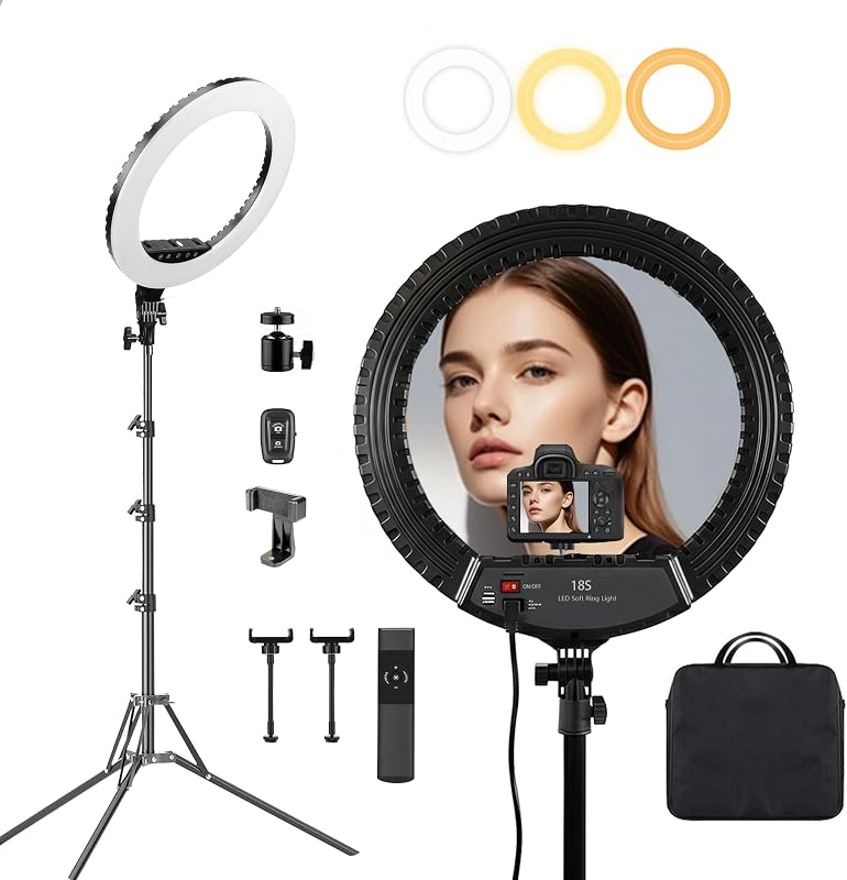 18-Inch Ring Light Kit, 55W, CRI 95, 70-Inch Tripod Stand | 3000K–6000K stepless dimming with touch and remote control for makeup, video recording, streaming and photography.