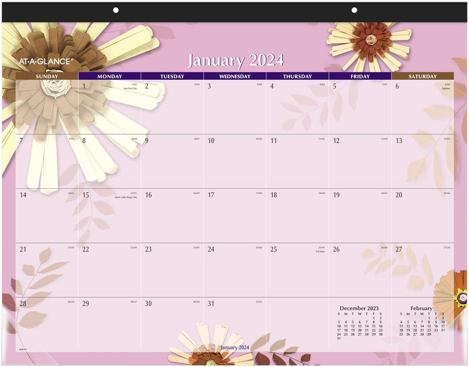2024 AT-A-GLANCE® Paper Flowers Monthly Desk Pad Calendar, 21-3/4" x 17", January To December 2024, 5035