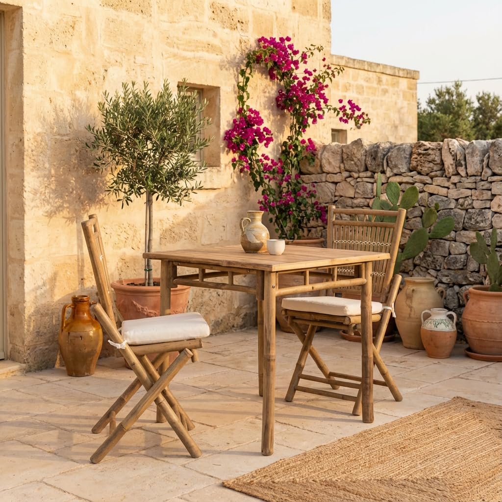 Brigros - Set Bistrot Tavolo Con 2 Sedie Esterno In Legno Di Bamboo Con Cuscini, Set Giardino Esterno Bambù Ideale Come Tavolo E Sedie Da Balcone, Terrazzo O Set Giardino In Legno