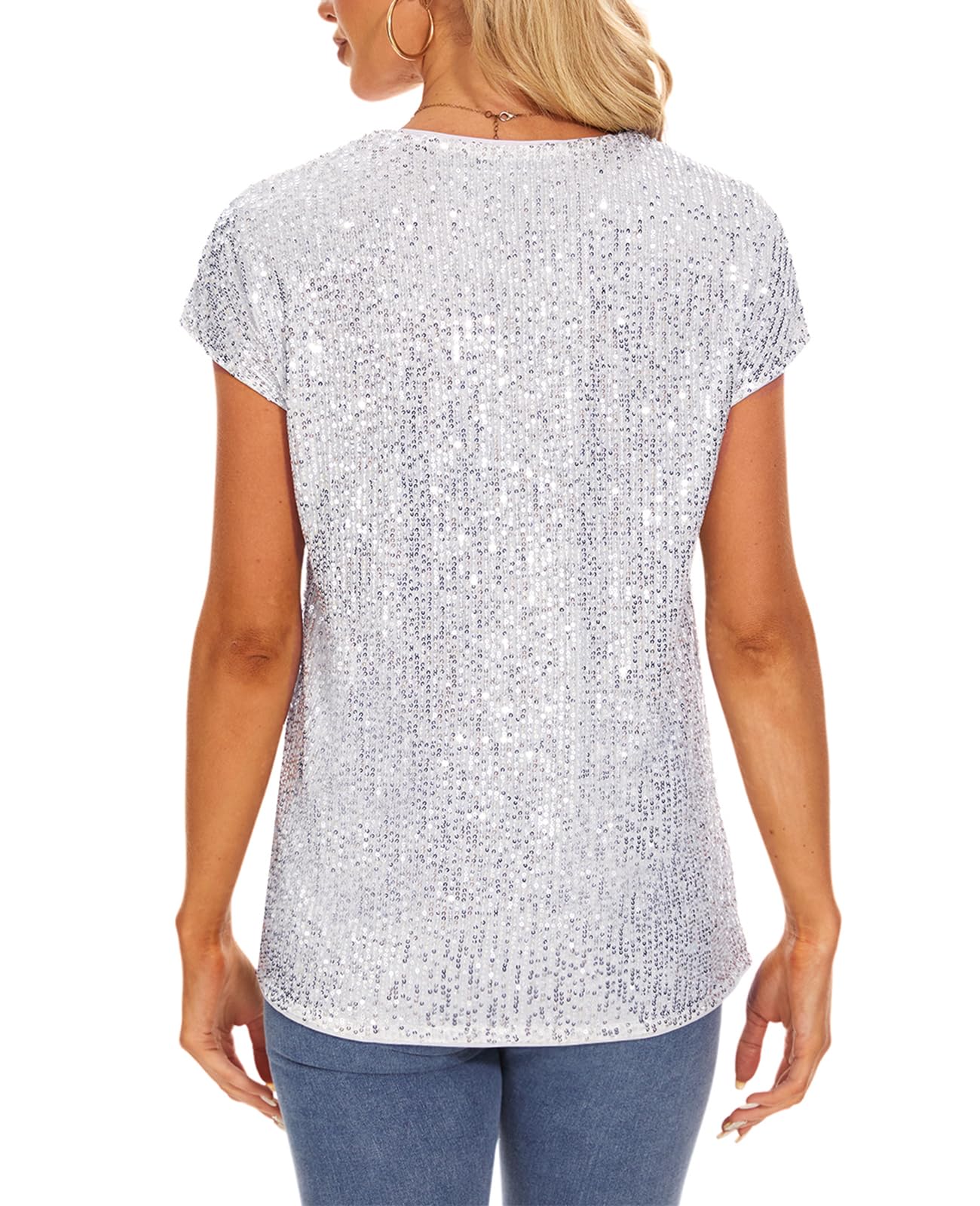 Hauts pour femme - Chemises à paillettes scintillantes - Col en V - Tunique ample à paillettes - Style décontracté