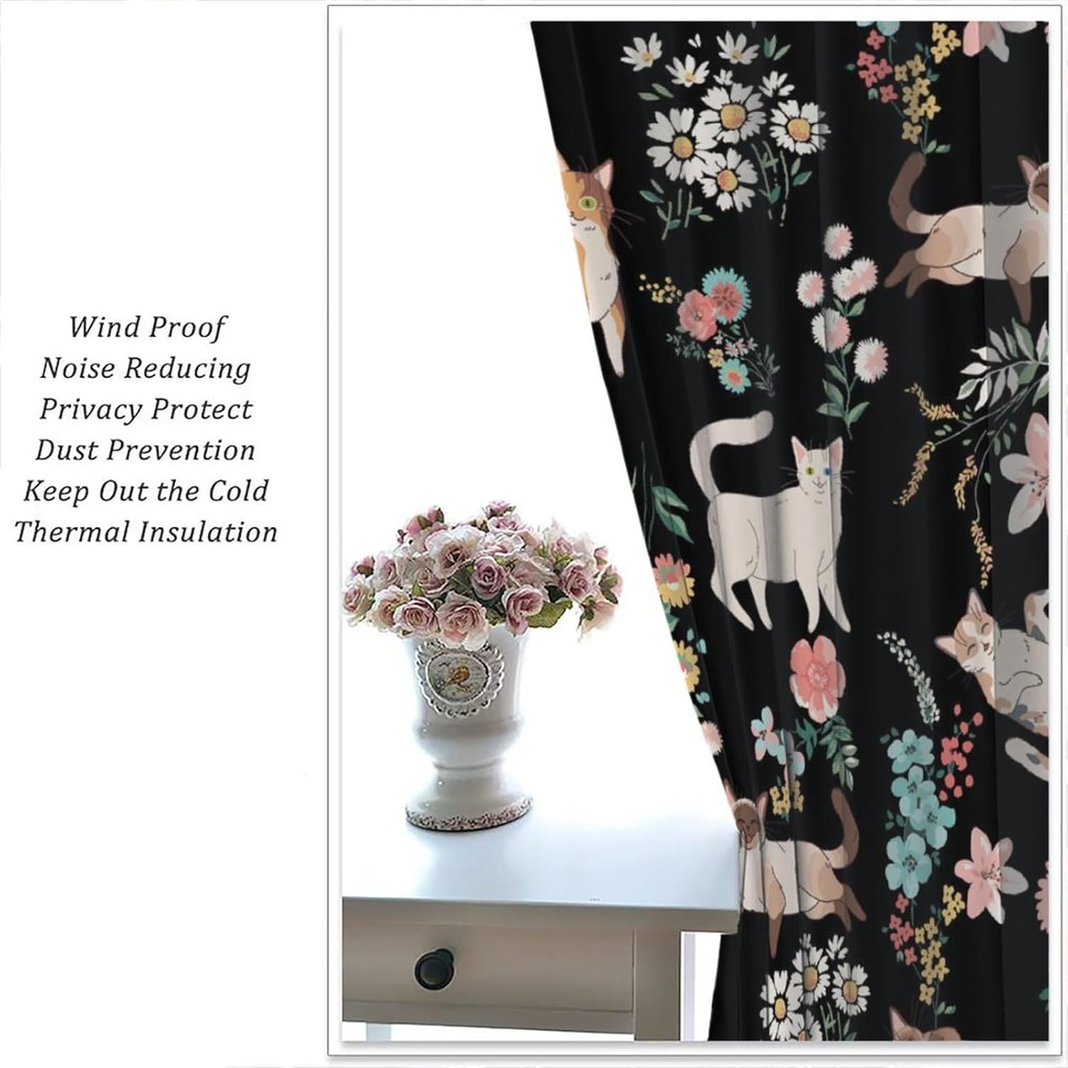 Cartoon Cat Curtains, Colorful Black Pink Blue Flowers Plants Lovely Cats Floral Print Blackout Window Treatments for Kids Boys Girls Bedroom Livingroom Kitchen, 42" W X 45" L