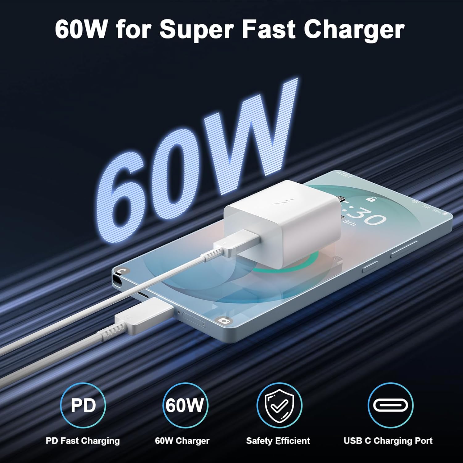 USB C Charger 60W for Super Fast Charging for Samsung S26 Ultra, Type C PD Wall Charger Adapter with 5A USB C to USB C Cable 1m for iPhone 17 16 15 Galaxy S26+ S25 S24 S23 S22 A17 A57 A56 Pixel 10 9 8