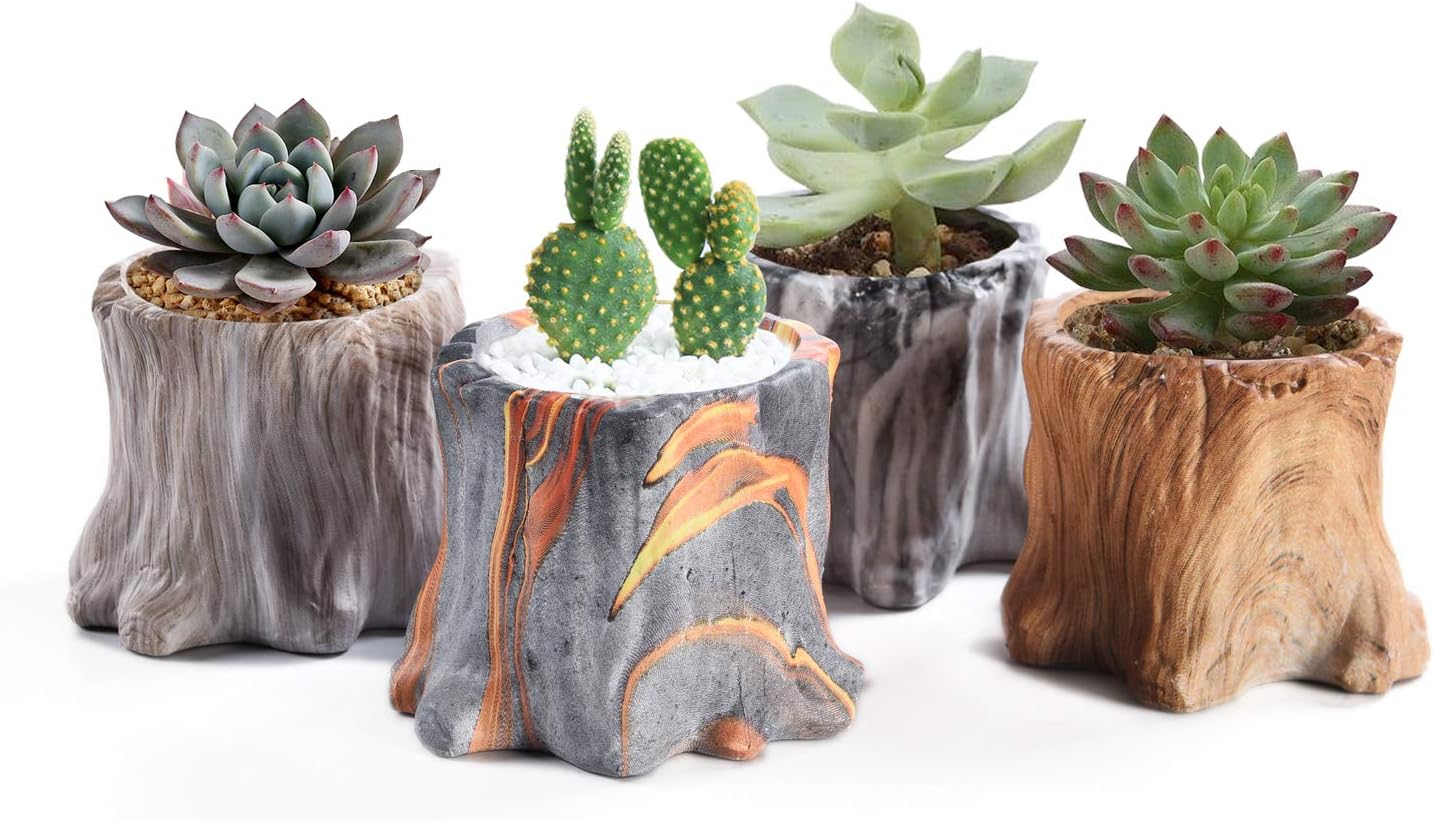 Succulent Planter Pots Small Ceramic Flower Cactus Pots Set 4 Pack Tree Stump Succulent Pots with Drainage Bonsai Pots 4.33 Inch Gift for Home Decor Indoor Outdoor