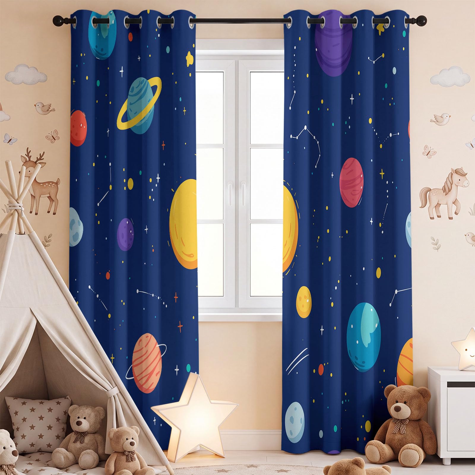 Rideaux Opaques Isolants Thermiques À Oeillets Espace Système Solaire, Rideau Occultant Planètes Étoiles, Décoration de Fenêtre pour Salon Cuisine Bébé 2 Pièces L 140 x H 250 cm