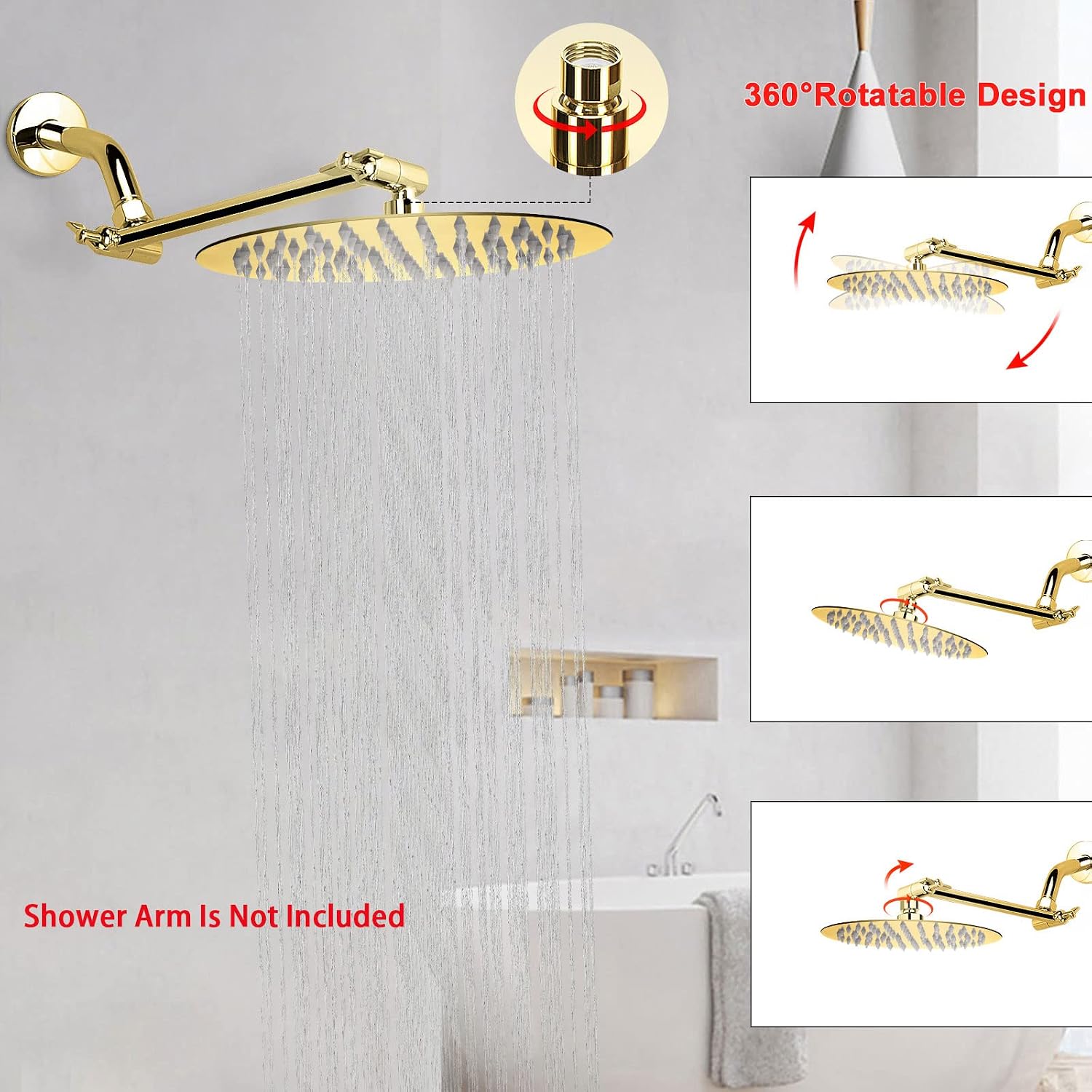 High Pressure Shower Head, 8 Inch Rain Showerhead, Ultra-Thin Design- Pressure Boosting, Awesome Shower Experience, NearMoon High Flow Stainless Steel Rainfall Shower Head (Chrome Gold)
