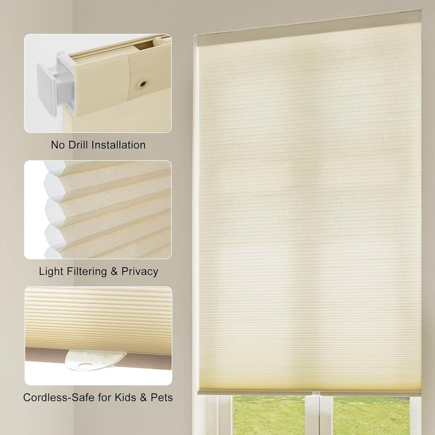 No Drill Cellular Shades, Beige Custom Size Cordless Light Filtering Pull Down Pleated Honeycomb Blind Thermal Insulated Easy Install for Indoor Window Bedroom Living Room Kitchen Door