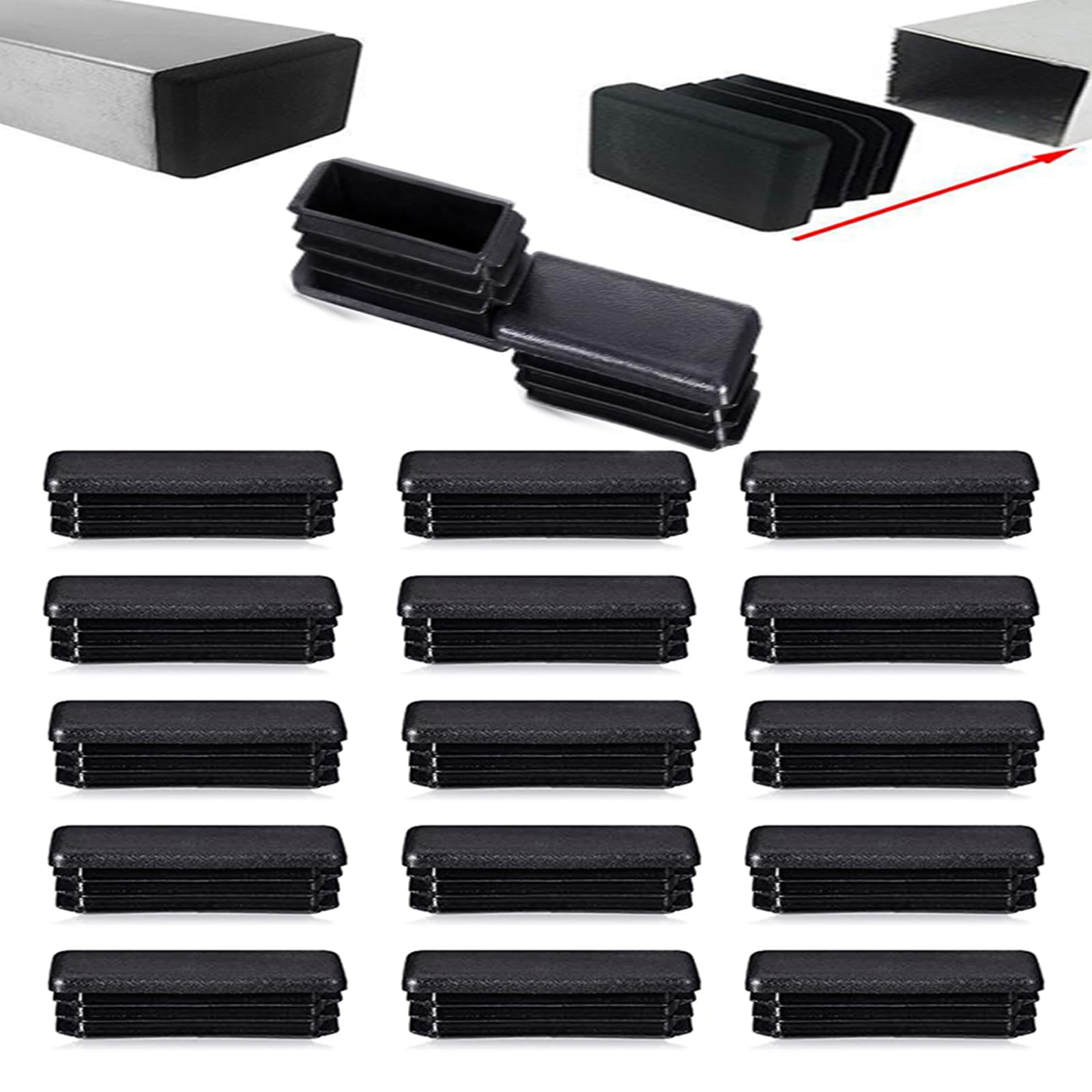 Zaky 50 mm x 20 mm Rectangular Plastic Plugs Pipe End Caps Black for Chair Table Stool Leg Fence Post Tube Pack of 30