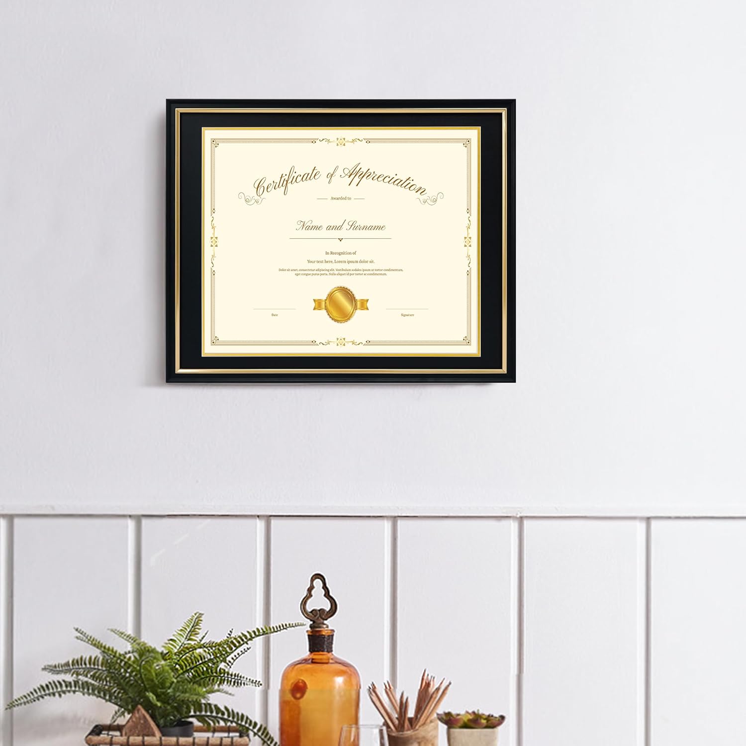 hodeframe 16x20 diploma frame for 14x17 certificate/document/picture with double mat(black and gold),wood degree frame, black with gold side,uv protection acrylic,wall hanging 16*20/14*17 with mat black