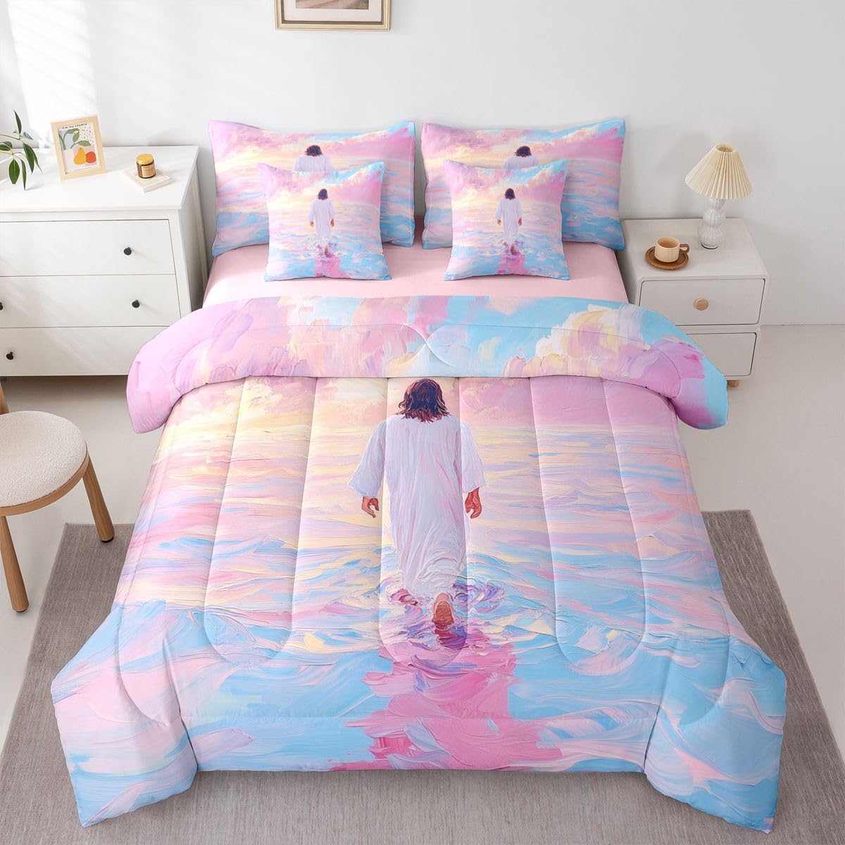 God Walking on Water Kids Comforter Twin Size,Frame 3D Textured Bible Verse 7 Pcs Bedding Set,Western Savior Biblical Decor All Season,Pink Blue(Fitted+Sheet+2 Pillowcases+2 Throw Pillow Covers)