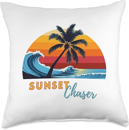 Sunset Chaser - Retro Sunset, Ocean Wave and Palm Tree Throw Pillow