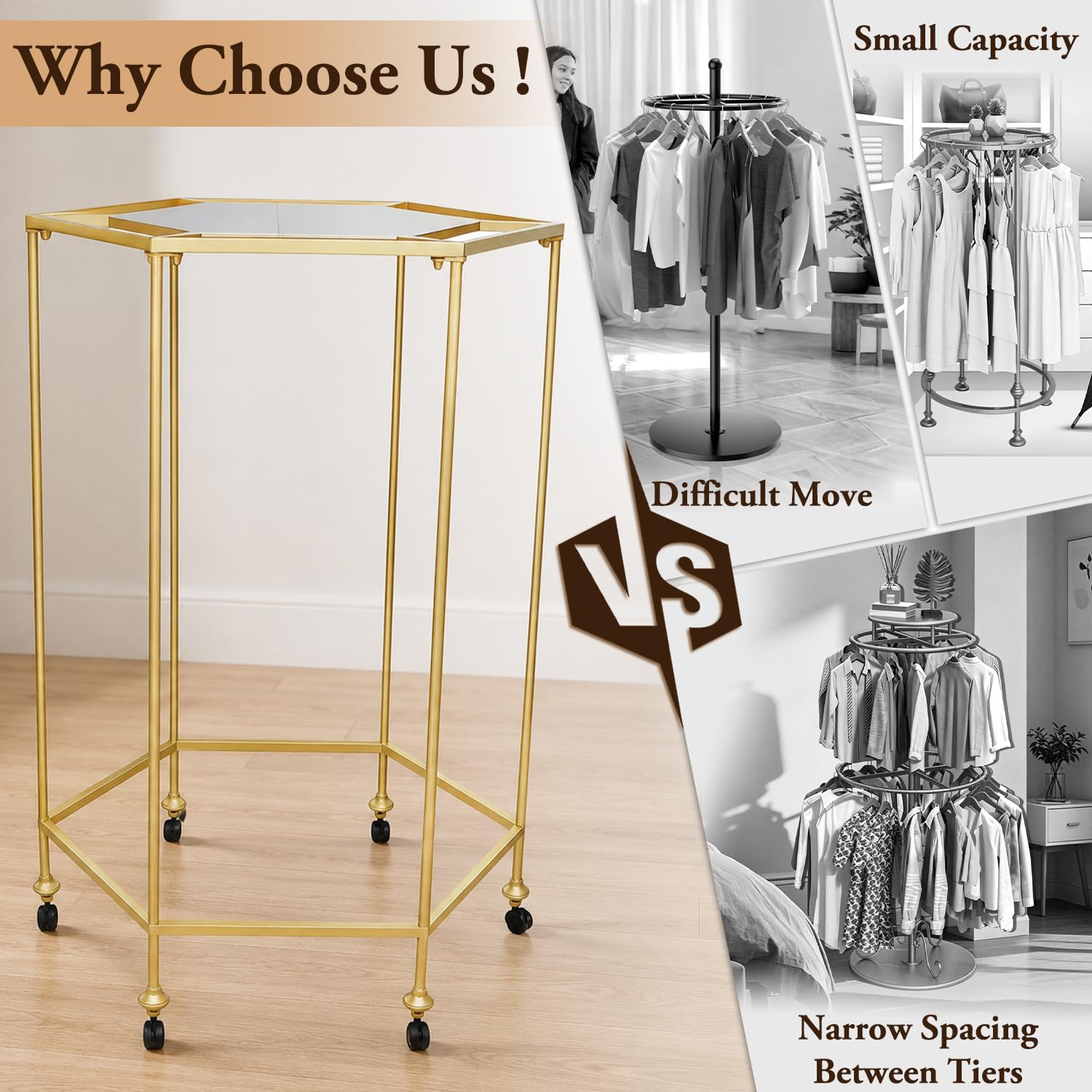 Round Clothing Rack with Wheels, Large Metal Rotating Clothes Rack, Boutique Retail Display Stand, Floor Standing Clothes Hanging Rack, Clothing Rack Gold for Laundry Retail Bedroom