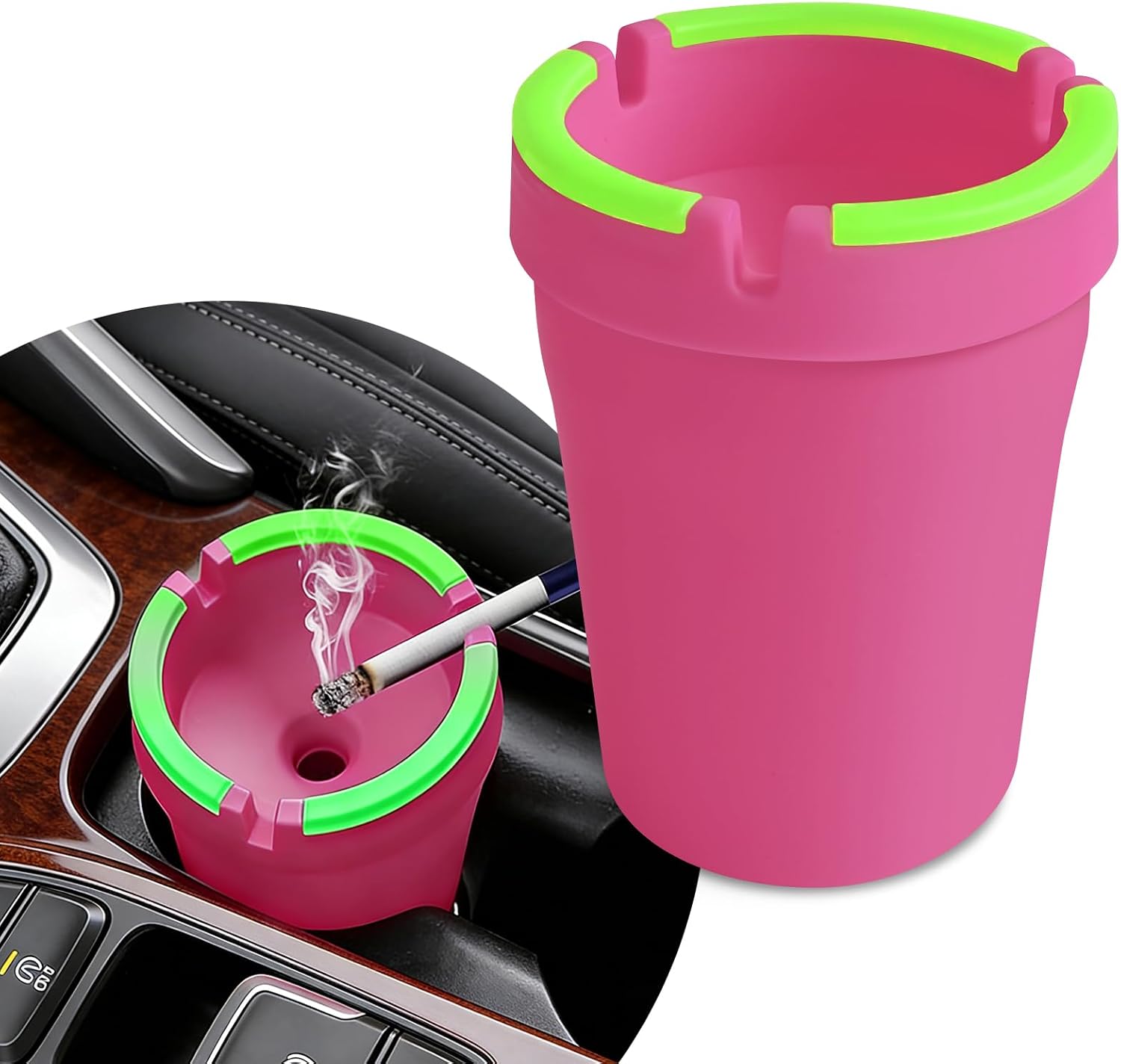 Smokeless Car Ashtray, Smokeless Ashtrays for Car Cup Holder, Glow In The Dark Smellproof Cup Holder Ashtray with Lid, Portable Mini Cigarette Trash Can Fits Cup Holder for Home (Black)