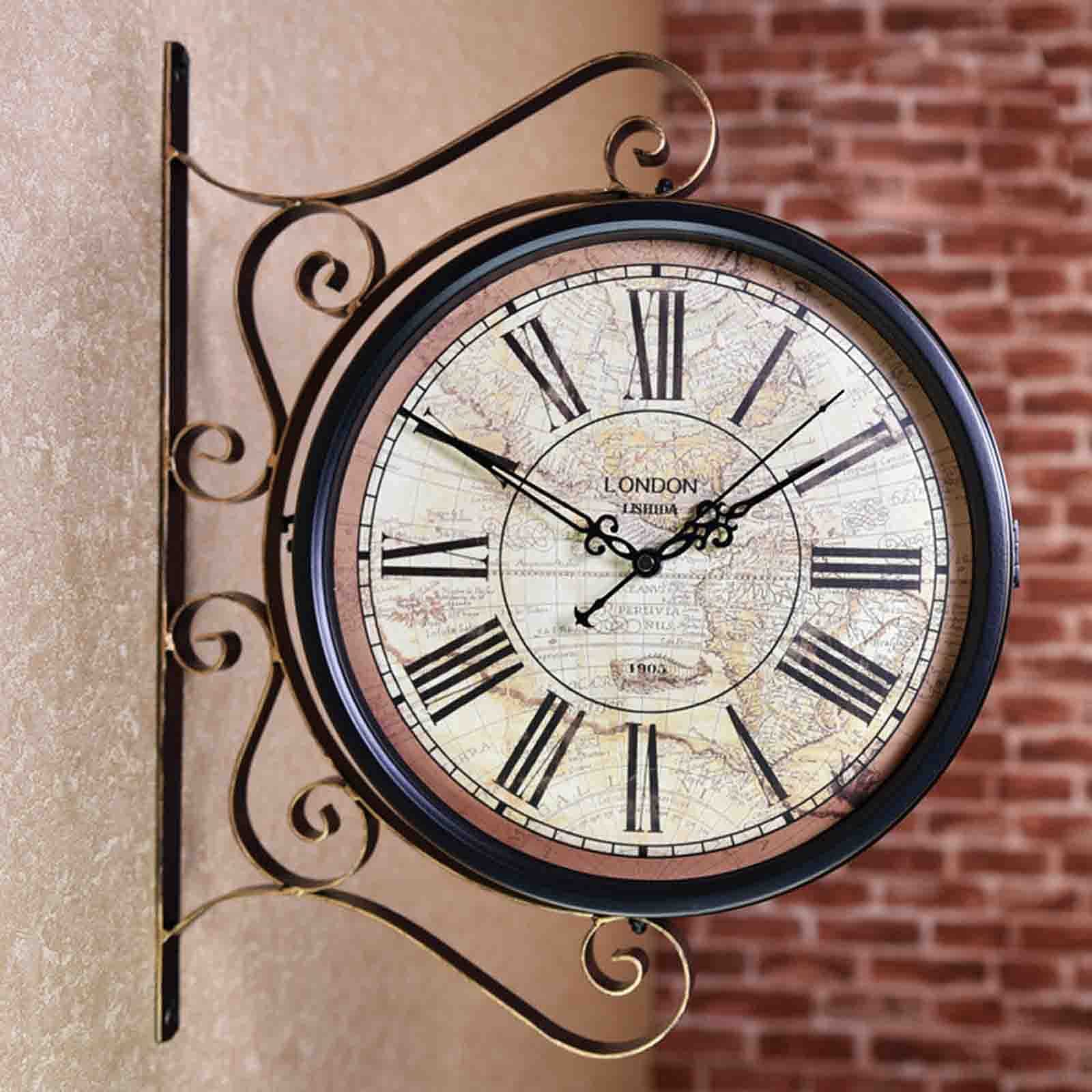 MYUYEE Outdoor Garden Wall Clock, Classical 360°Rotation Double Sided Train Station Clock with Station Bracket Garden Clock Indoor Outdoor Decoration Waterproof,E (G)
