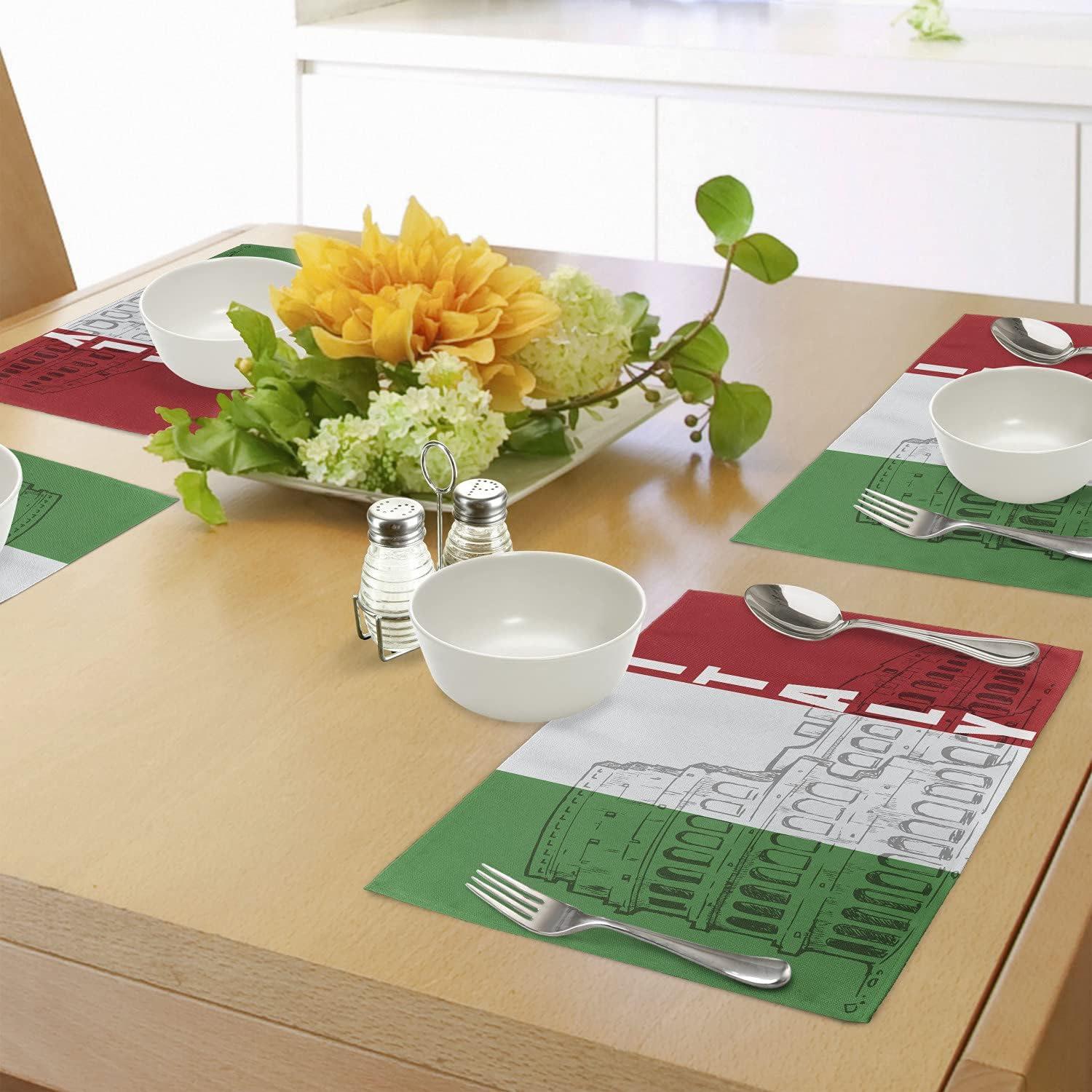 Lunarable Italian Flag Place Mats Set of 4, Roma Landmark Colosseum Heritage Cityscape Civilization Image, Washable Fabric Placemats for Dining Room Kitchen Table Decor, Green Grey Ruby