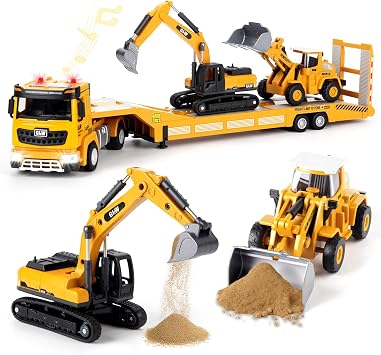 Construction Toys Set w/Semi Truck, Excavator, Bulldozer- Real Lights & Sounds, Alloy Die-Cast Engineering Vehicles, Kids Toys for 3-8 Years Old Boys, Birthday Gifts for Boys