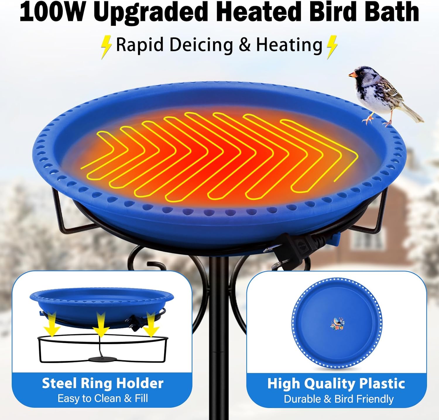 Daoeny Heated Bird Bath for Winter, Upgraded 100W Heated Bird Baths for Outdoors Thermostat Control with 5-Prong Metal Base, Heated Bird Bath for Outside Winter Garden Patio Yard Lawn (Blue)
