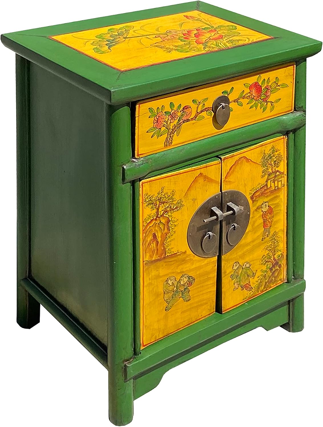 Oriental Distressed Green Yellow Kids Graphic End Table Nightstand Acs7339
