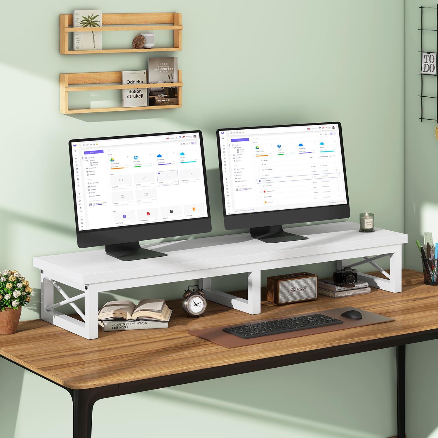 IBUYKE 32-60" Mueble TV,Mesa Televisión Estrecha con 2 balda,Doble Pantalla de Escritorio de Oficina,Mueble de TV para Hogar,Dormitorio,Sala de Estar,Blanco TVT002W