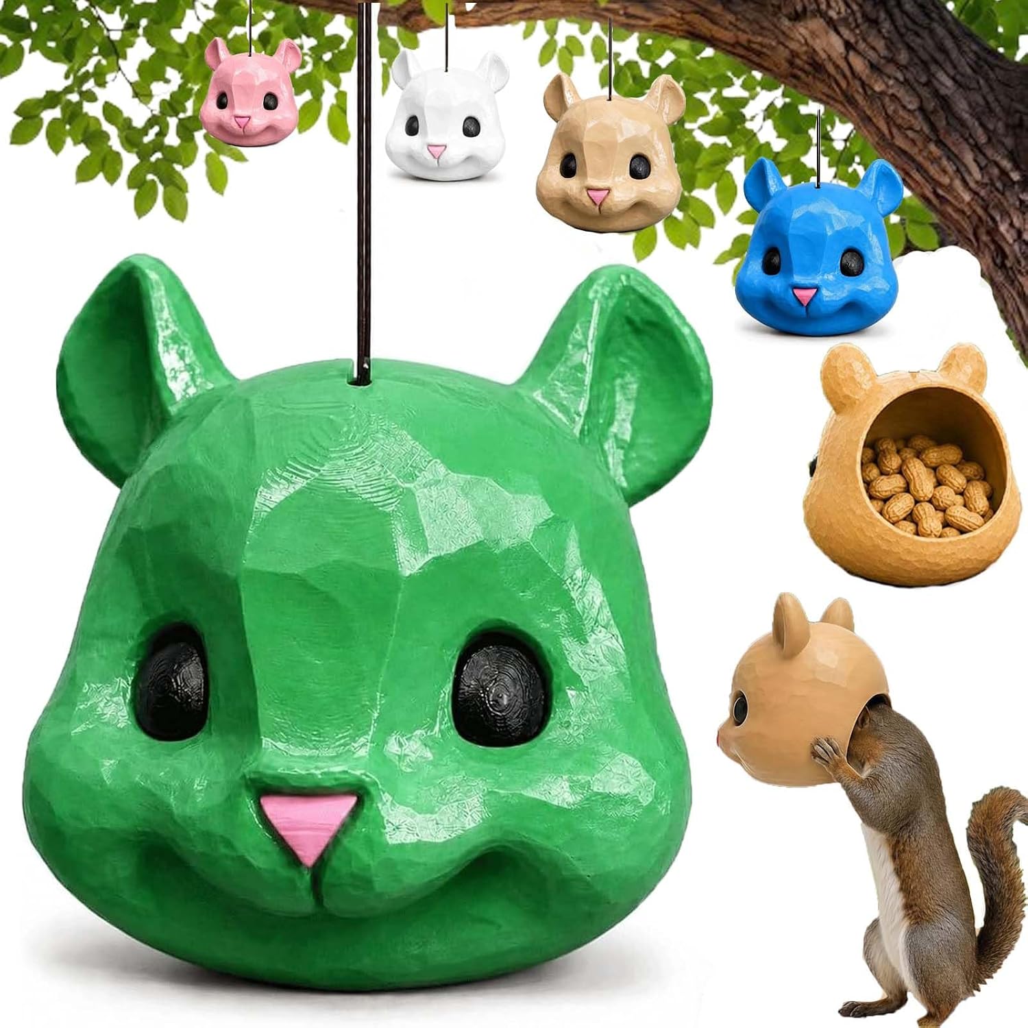 Funny Big Head Squirrel Feeder for Outside, Novelty Squirrel Face Mask Feeder | Hanging Squirrel Head Feeder Station, Easy-Fill Backyard Garden Decor & Gag Gift (Green)