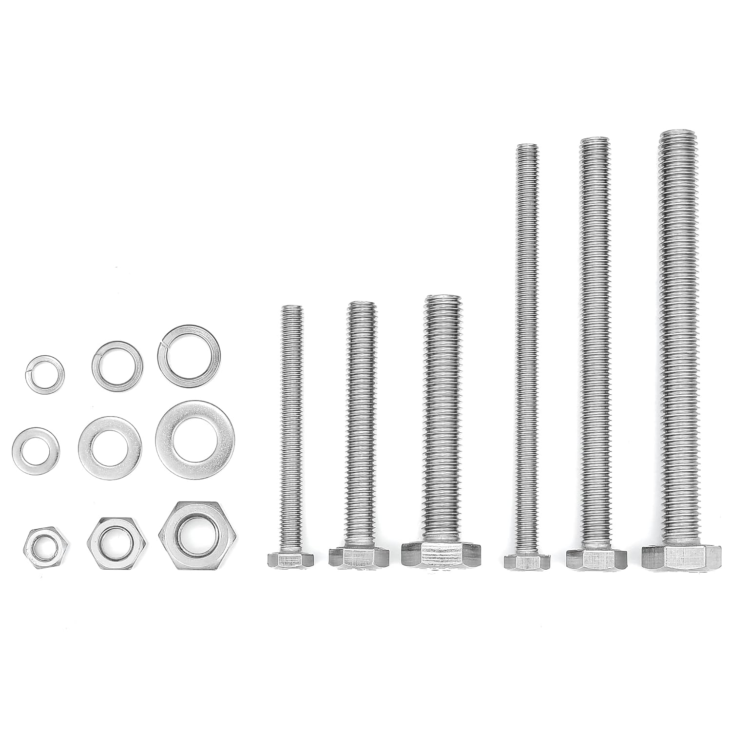 164 Pcs Hex Head Nuts and Bolts Assortment Kit - M6/M8/M10 Silver 304 Stainless Steel Screws Metric Machine Screws Include Flat & Lock Washers (K13 Long Sets)