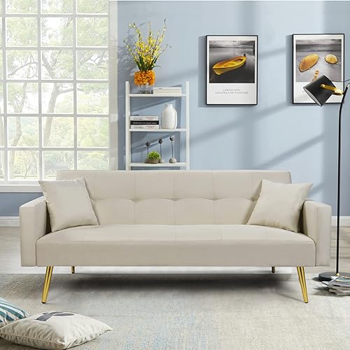 Sofá cama futón de terciopelo, sofá cama de 73 pulgadas con 3 ángulos reclinables, sofá biplaza de sala de estar, dos almohadas y patas de metal