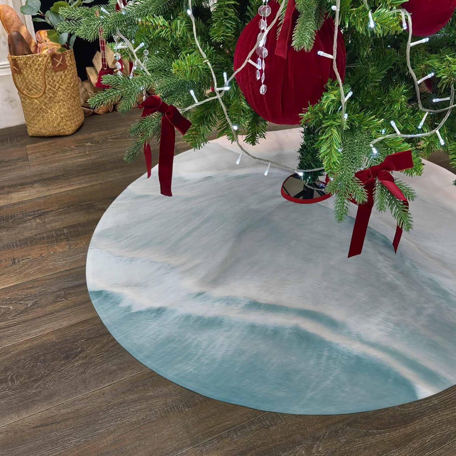 48 Inch Christmas Tree Skirt, Summer Beach Tree Skirt Christmas Decorations Indoor Outdoor, Ocean Nautical Coastal Seaside Aqua Beige Xmas Tree Skirts Mats Ornaments for Party Decor