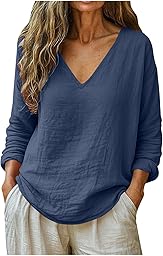 Linen Shirts for Women Long Sleeve V Neck Loose Tops Summer Beach Boho Casual Peasant Blouse