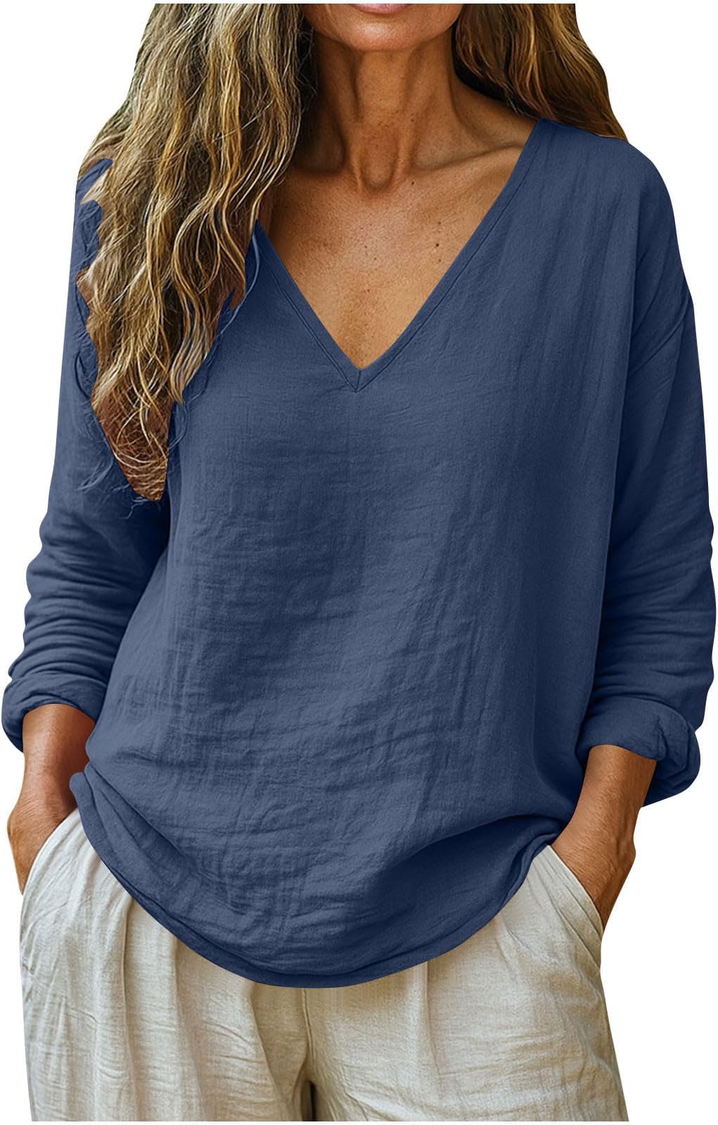 Linen Shirts For Women - Long Sleeve v Neck Tunic Tops Dressy Casual Summer Loose Spring Fashion Blouses Tshirts