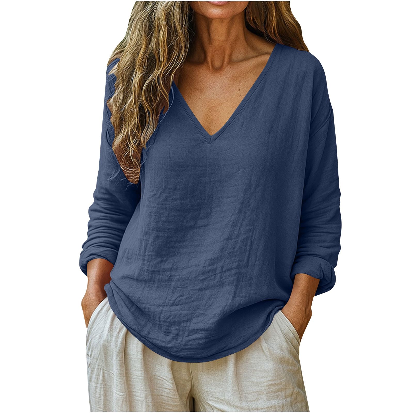 Linen Shirts for Women Long Sleeve V Neck Loose Tops Summer Beach Boho Casual Peasant Blouse