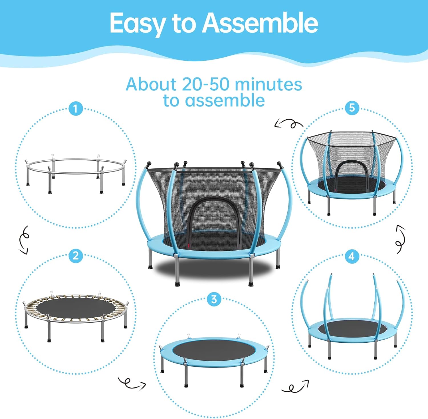 55/60" Trampoline for Kids, 4.5/5 FT Toddler Trampoline with Enclosur Net, Basketball Hoop & Sandbag, 440 LBS Capacity, Adjustable Height,Gifts for Ages 3-12 Boys & Girls - Image 7