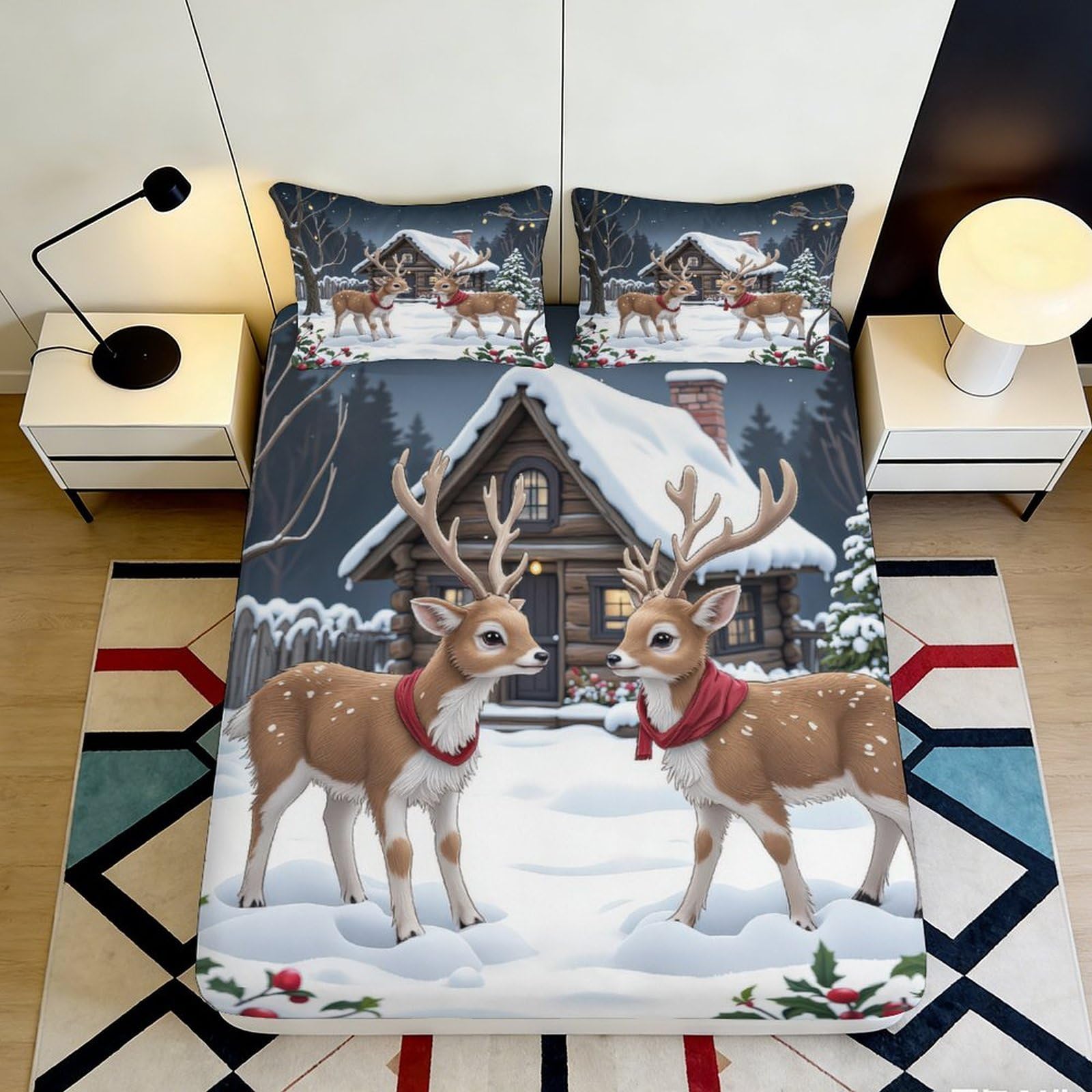 3D Printed Snowy Reindeer Cabin Fitted Sheet Microfiber Winter Christmas House Bed Cover for Bedroom Dorm Mattress Protection 90x200x25cm