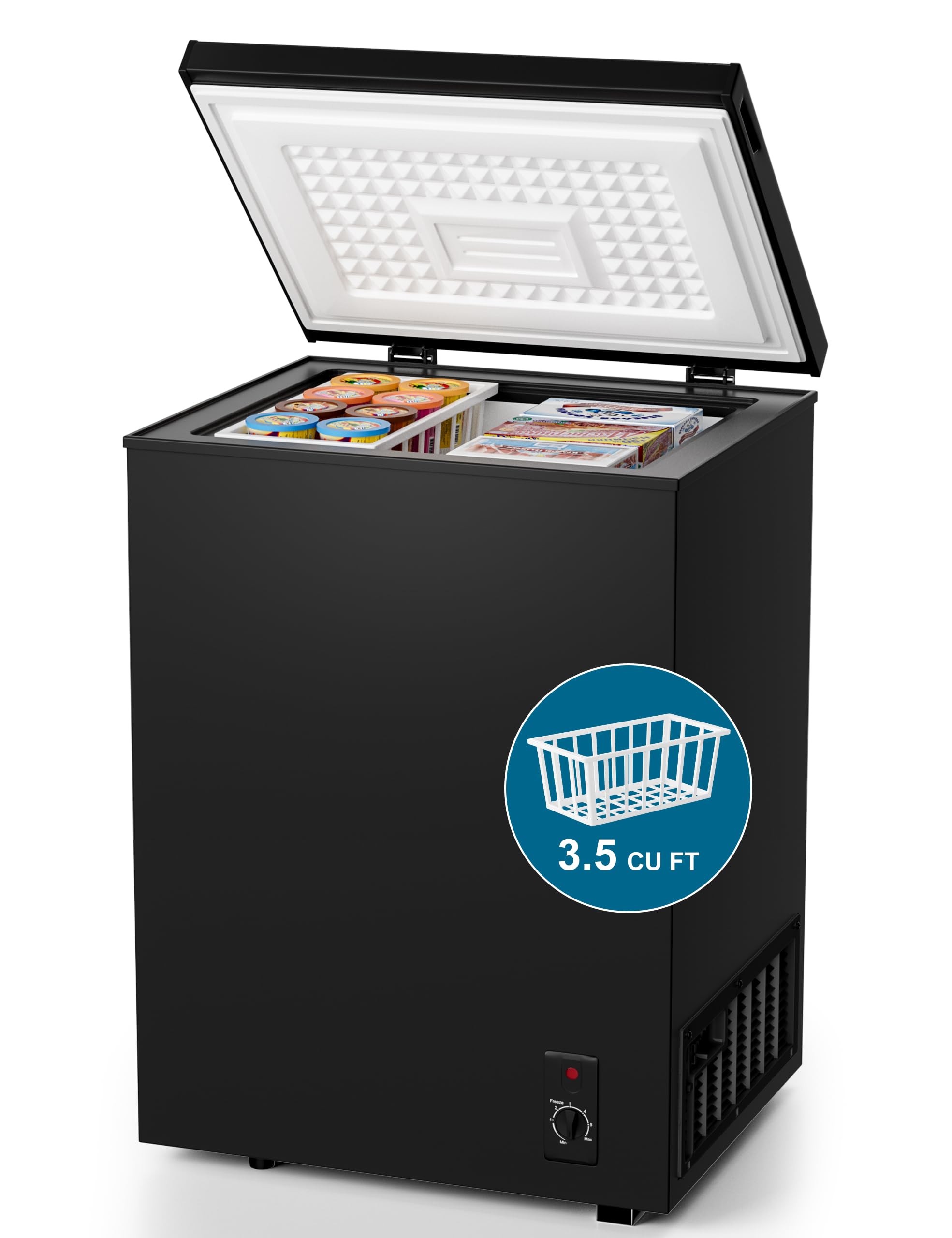 3.5 Cubic Feet Compact Chest Freezer with Removable Basket for Home/Kitchen/Office/Bar/Dorm - Top Open Door Energy Saving & Ultra-Quiet Manual Defrost Deep Freezer - Black