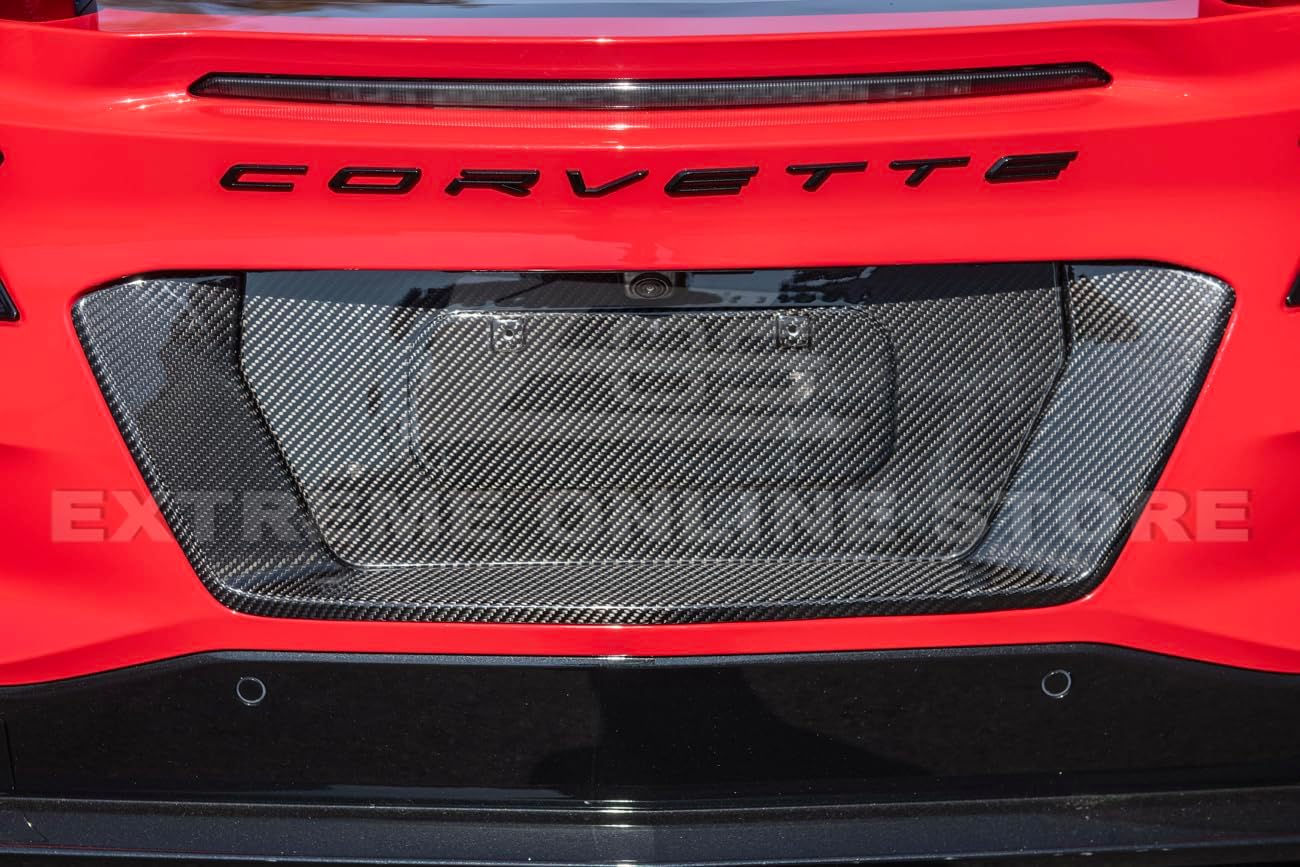 Replacement For 2023-Present Chevrolet Corvette C8 E-Ray & Z06 Models | GM Factory Style DRY CARBON FIBER Tape-On Rear License Plate Frame Backing Cover VENT-693-BKCF
