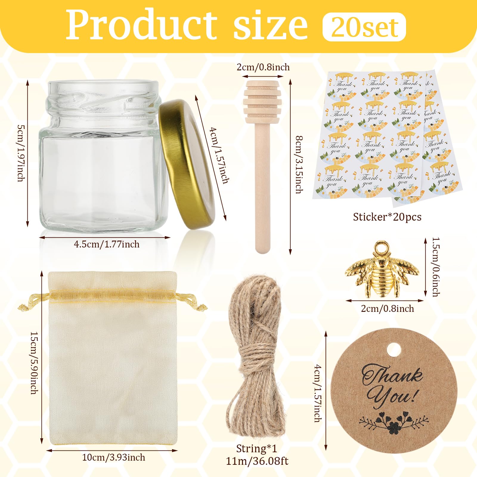 20 Stück Hexagon Mini Glas Honiggläser, 45 ml mit Holzlöffel, goldenen Deckeln, Bienenanhängern – perfekt als Gastgeschenke für Hochzeiten und kleine Marmeladengläser