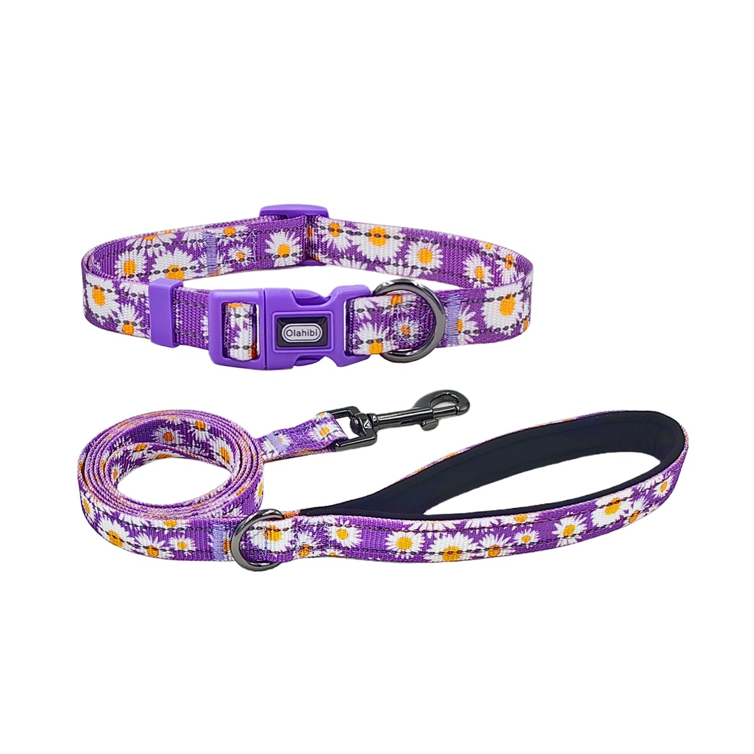 Olahibi Dog Collar and Leash Combo Set, Cute Daisy Pattern, Polyester Material, with Reflective Stripes, 150CM Leash