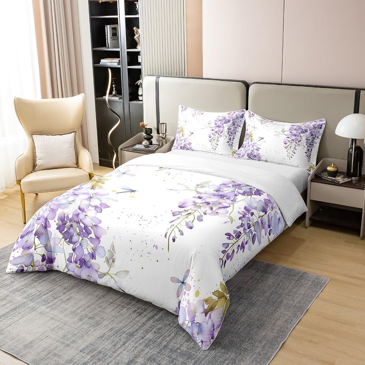Erosebridal 100% Natural Cotton Purple Lavender Comforter Cover Queen Size,Dragonfly Wildlife Floral Duvet Cover,Watercolor Flowers Leaves Bedding Set,Rustic Farmhouse Country Decor Quilt Cover