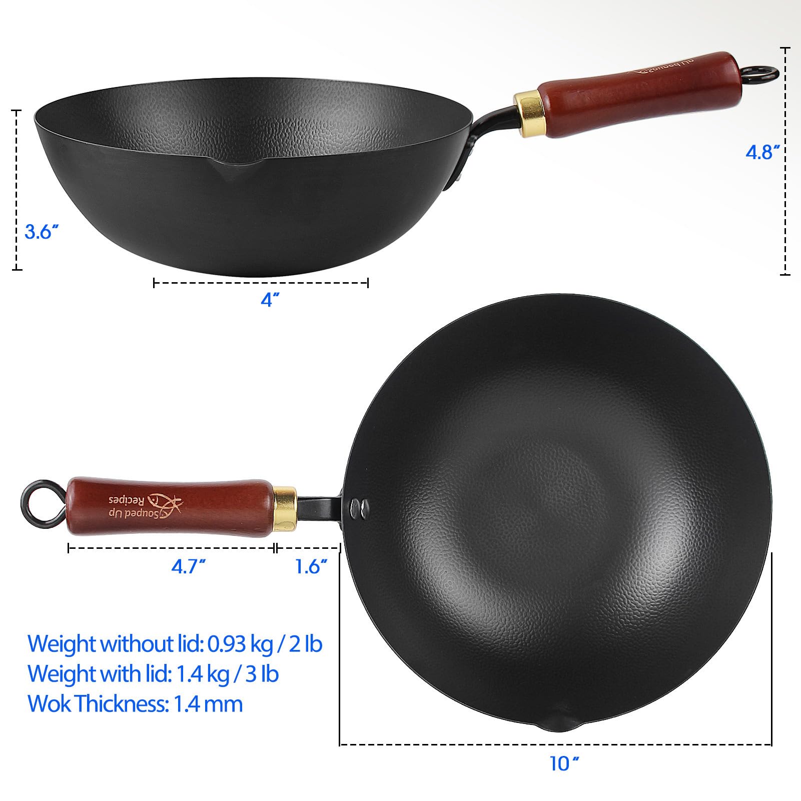 Souped Up Recipes Wok de acero al carbono de 10 pulgadas para estufas eléctricas, de inducción y de gas (tapa y video guía de usuario incluidos)