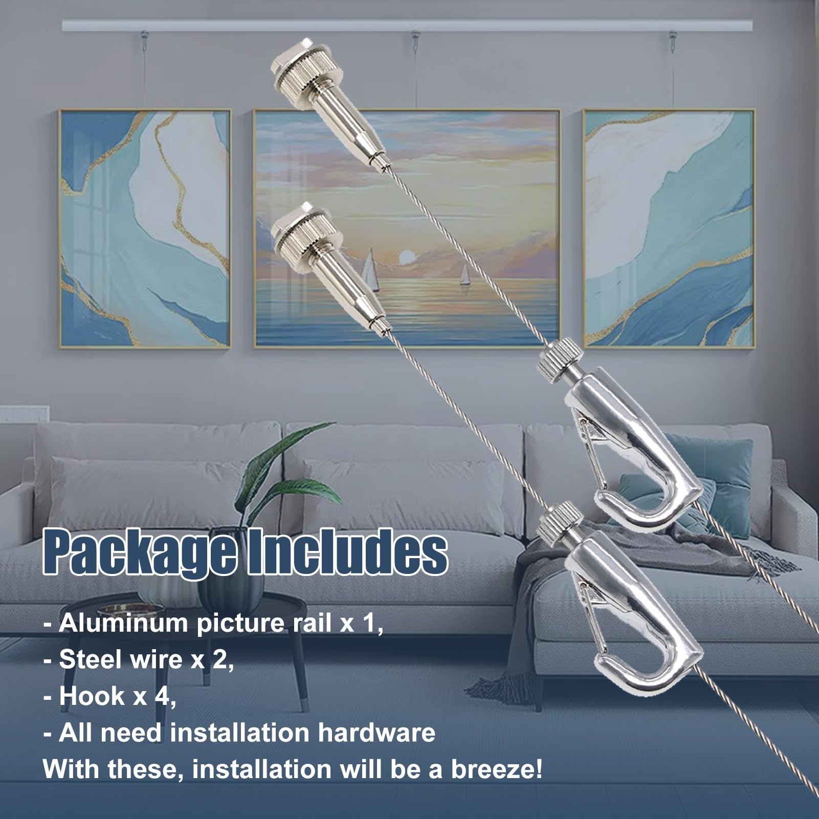 Cimaise pour Tableau Kit de Suspension Réglable pour Tableaux avec Crochets, Système Sur Rail, Matériel pour Toiles et Affiches(2.5m/8.2' Cable,64"/163cm Track)