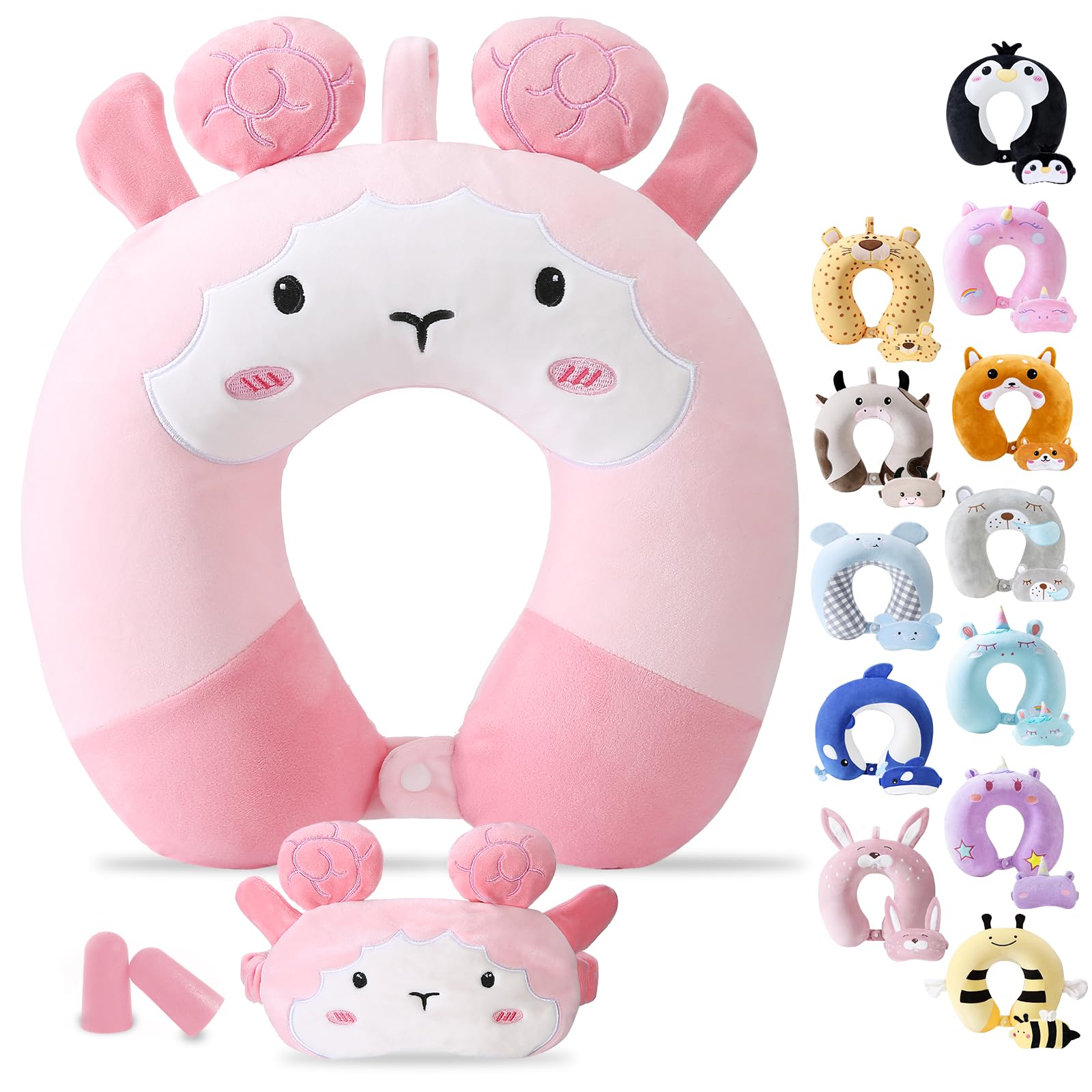 Cirorld Travel Pillow for Kids Adult Cute Neck Pillow for Traveling Memory Foam Airplane Pillow Sleep Mask Animal Flight Pillow Head Rest Neck Support for Cars Long Flights (Sheep, 9-12 Y/O)